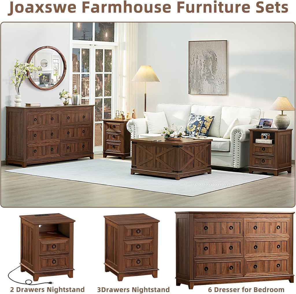 Joaxswe Farmhouse Dresser and Nightstand Sets 3 Piece, Nightstands Set of 2 and 6 Drawers Dresser for Bedroom, 54' Wide Dresser and 18' Inch Night Stand Set for Bedroom, Living Room, Hallway