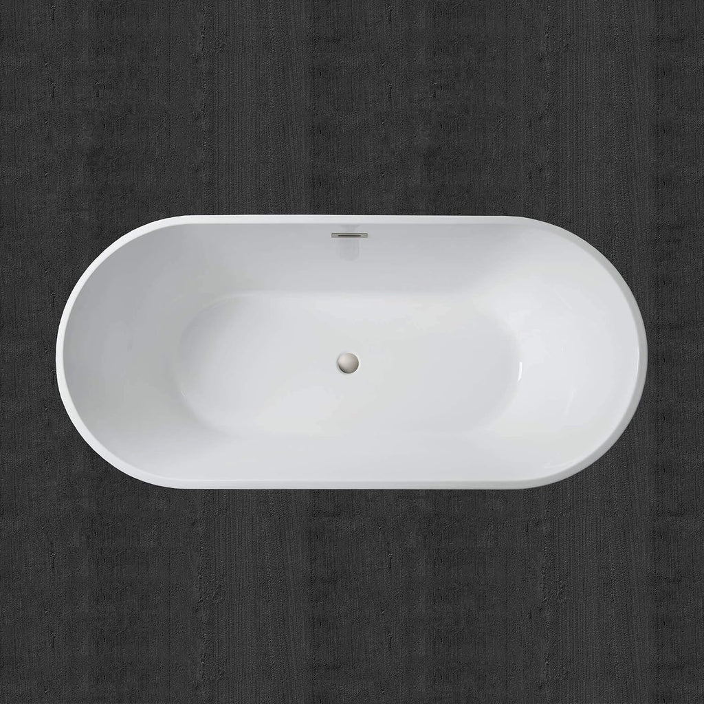 WOODBRIDGE 67' Acrylic Freestanding Bathtub Contemporary Soaking White Tub with Brushed Nickel Overflow and Drain，B0013-BN