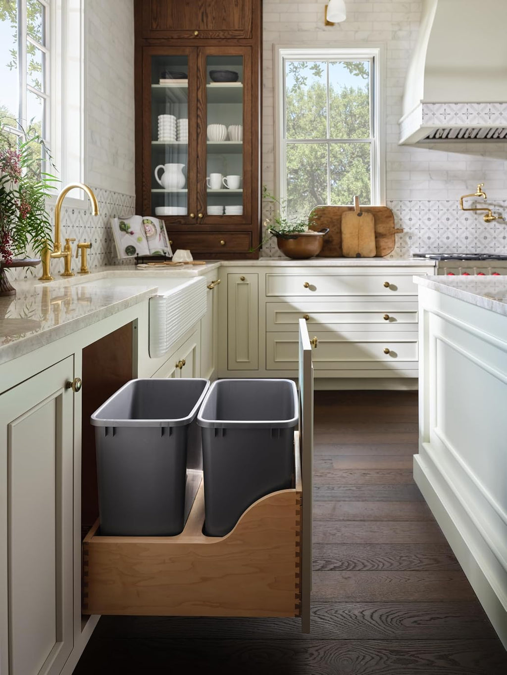 Rev-A-Shelf 50 Qt Bottom Mount Double Pullout Under Cabinet Kitchen Trash Cans w/Soft-Close & 1 Lid for Base Cabinets, Min Opening Width of 18', Silver, 4WCSC-2150DM-2