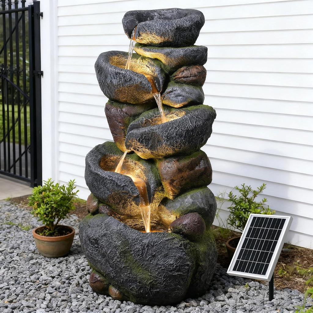 5-Tier Rock Solar Water Fountain Outdoor Garden, 36.2''Tall Cascading Natural Solar Powered Fountain Outdoor with LED Lights, Water Feature for Garden, Patio, Deck, Backyard Decor