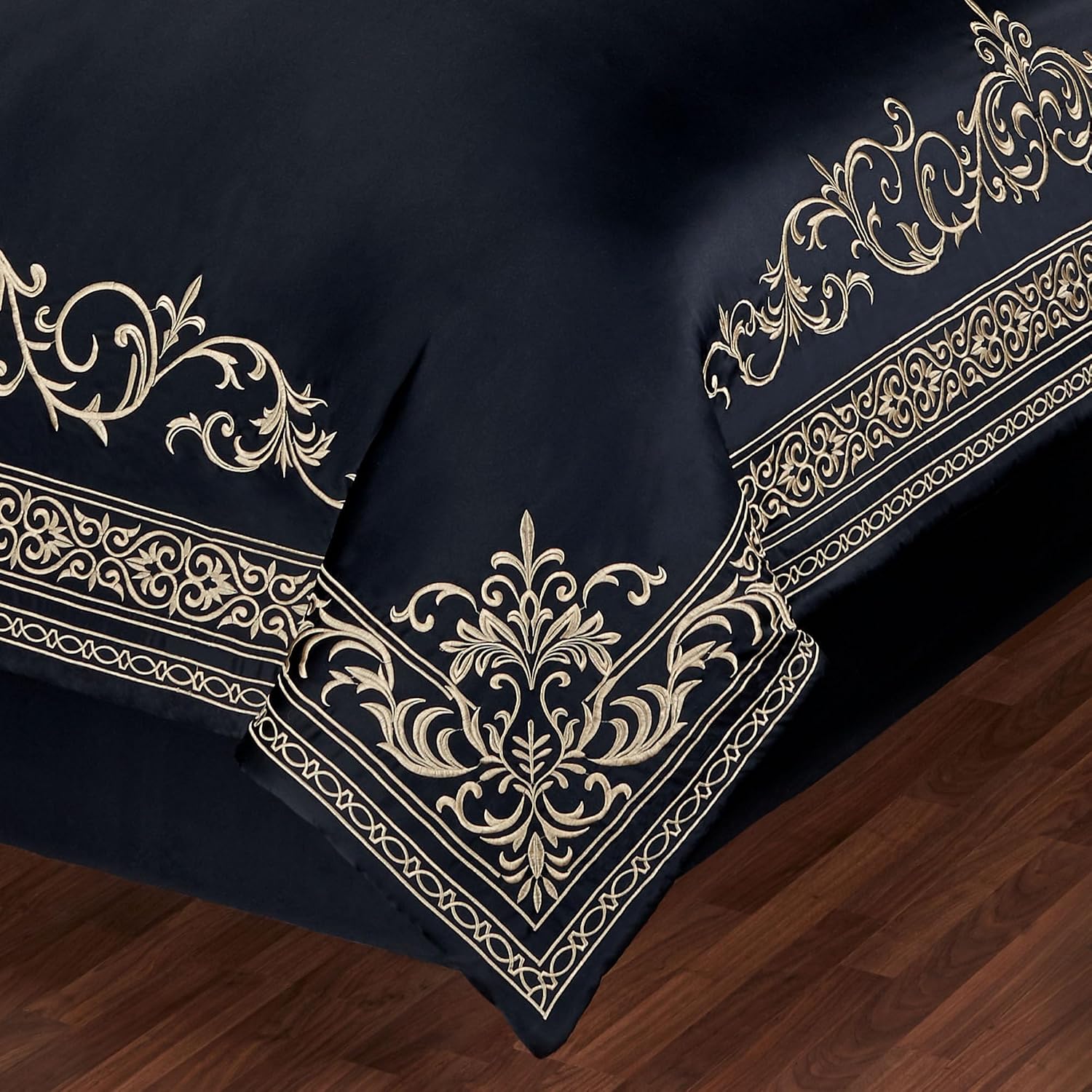 Kensington Luxury Bedding | Classic Black | Palace-Inspired Golden Scrollwork Embroidery on Sateen | 7 Piece Set Includes Queen Comforter, Bedskirt, 2 Standard Shams, and 3 Decorative Pillows