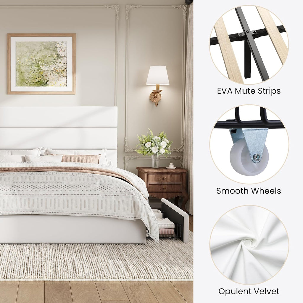 SHA CERLIN Queen Size Platform Bed Frame with 4 Storage Drawers, Velvet Upholstered Headboard, Mattress Foundation with Wooden Slats Support, No Box Spring Needed, Easy Assembly, White