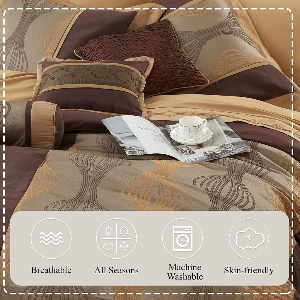 Stratford Park Elegant Brown Comforter Set Queen 7 Piece Bed in a Bag, Striped, Jacquard Bedding Set All Season, Matching Decorative Pillows, Pillow Sham