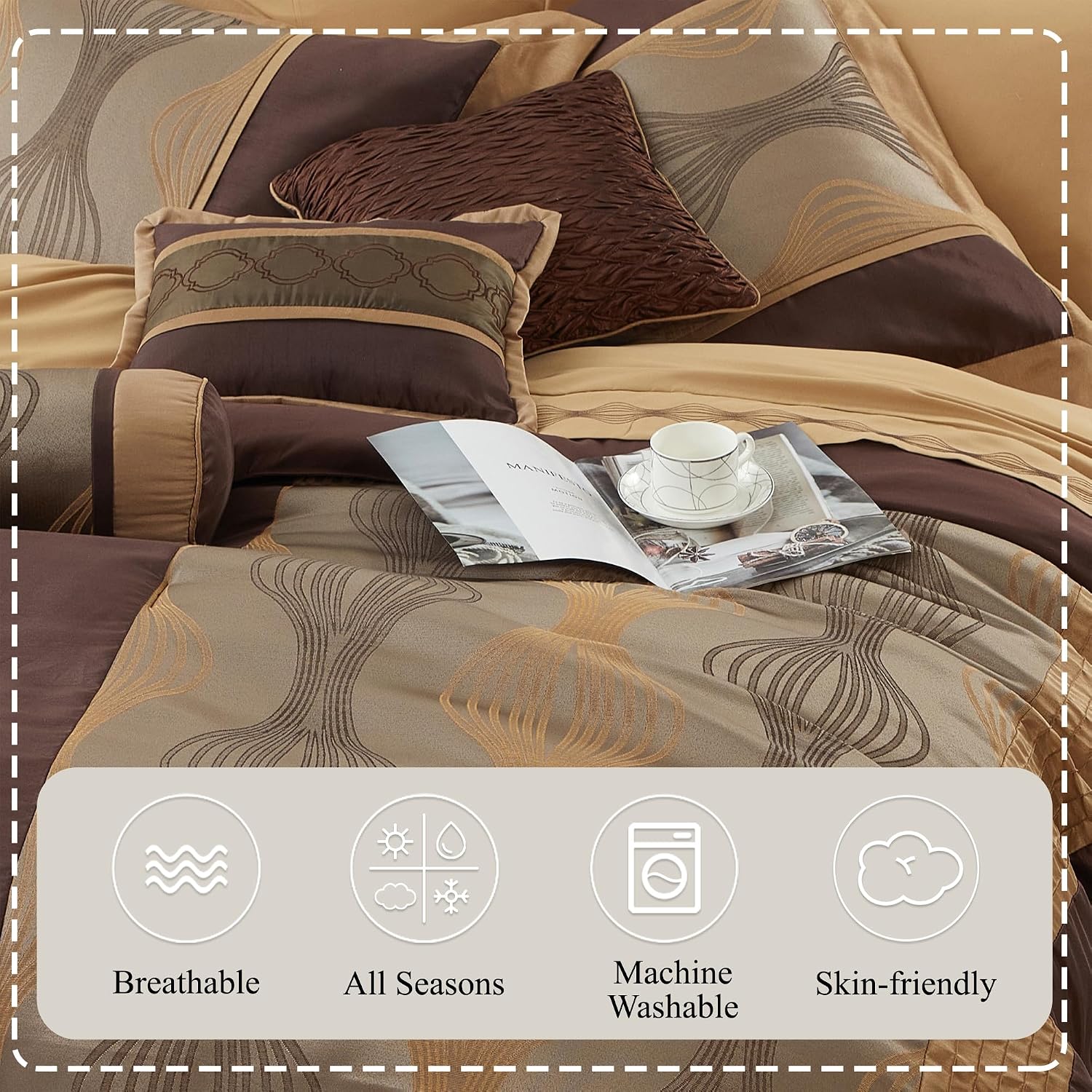 Stratford Park Elegant Brown Comforter Set Queen 7 Piece Bed in a Bag, Striped, Jacquard Bedding Set All Season, Matching Decorative Pillows, Pillow Sham