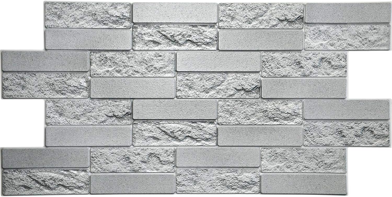 Dundee Deco PG7059-10 Grey Faux Cement Brick PVC 3D Wall Panel, 3.3 ft X 1.6 ft (98 cm X 49cm), Interior Design Wall Paneling Decor, 5.28 sq. ft. (0.48sq. m) Each, Pack of 10