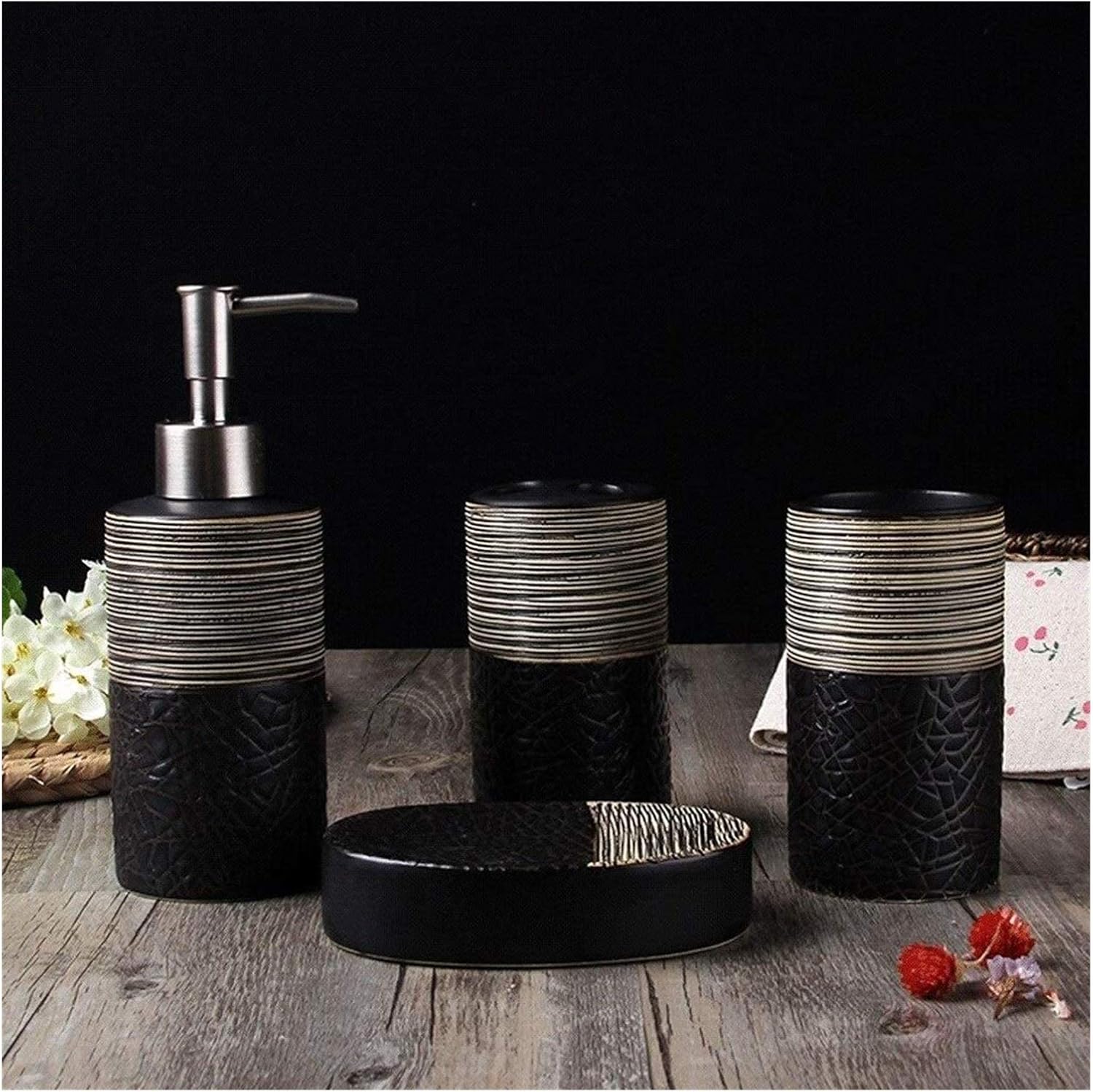 Soap Dispenser Refillable Hand Lotion Dispensers, Soap Dispenser Bathroom Accessories Set, 4 Piece Complete Ceramic Brushed Bathroom Accessory Set, Toothbrush Holder