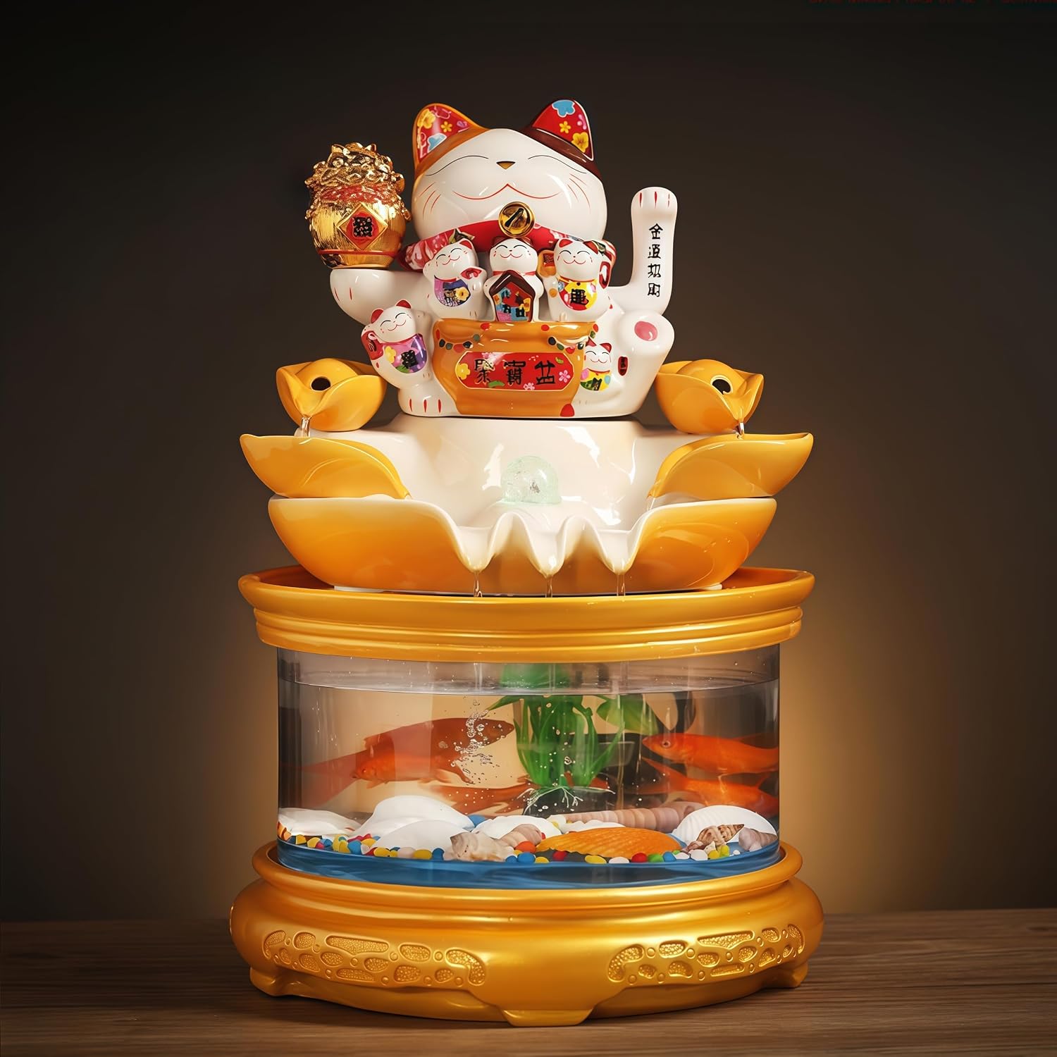 Fish Tank with Maneki Neko, Money Lucky Cat, Tabletop Water Fountain Indoor, Feng Shui Decor & Gifts for Home, Feng Shui Statue, Chinese New Year Decoration, Chinese Decor & Gifts (A)