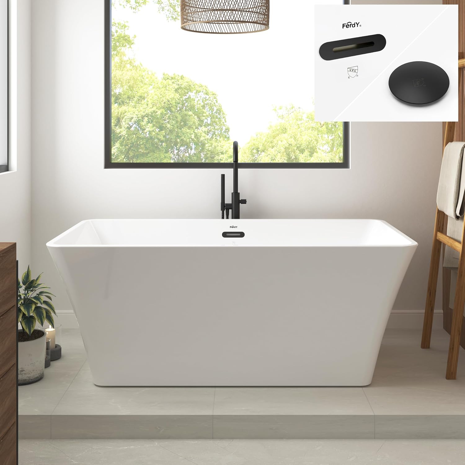 FerdY Sentosa 59' Acrylic Freestanding Bathtub, Contemporary Design Soaking Tub with Matte Black Drain and Minimalist Linear Design Overflow, Easy to Install