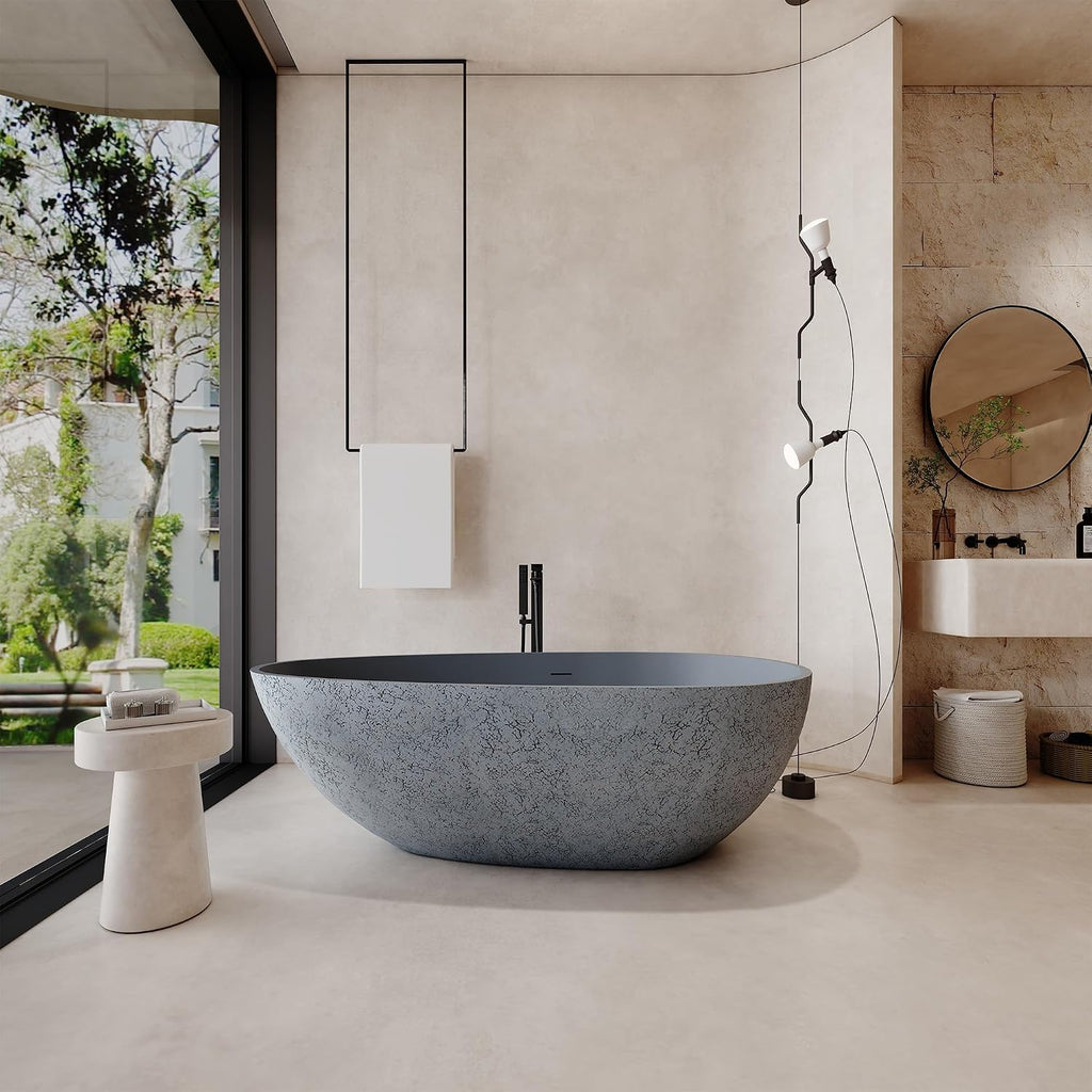 67 Inch Solid Surface Free Standing Tub Oval Stone Resin Soaking Tub Featuring Unique Style of Cement Color, 14.37 Inches Soaking Depth, 75.82 Gallons Water Capacity