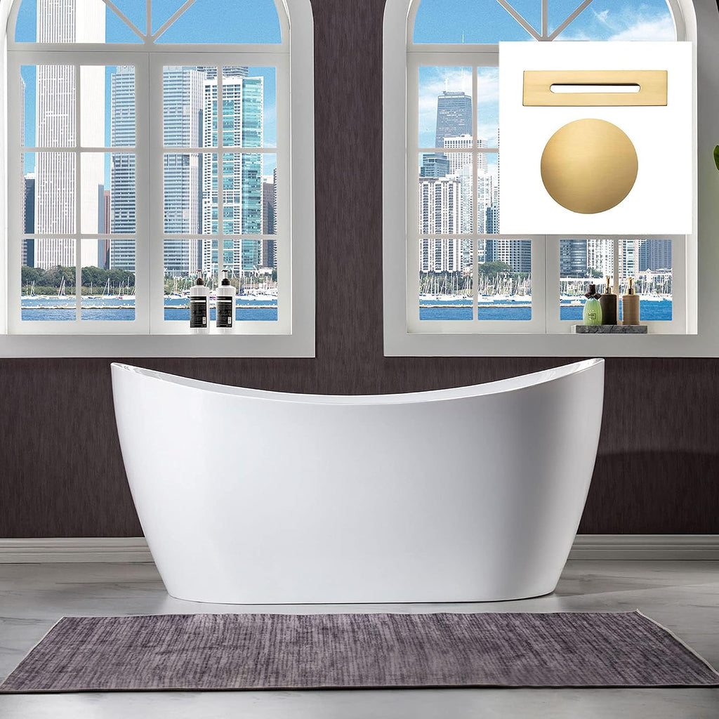 WOODBRIDGE 59' Acrylic Freestanding Bathtub Contemporary Soaking White Tub with Brushed Gold Overflow and Drain,BTA1516 BG