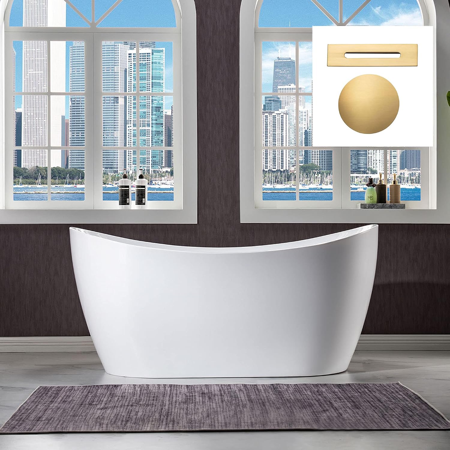 WOODBRIDGE 59' Acrylic Freestanding Bathtub Contemporary Soaking White Tub with Brushed Gold Overflow and Drain,BTA1516 BG
