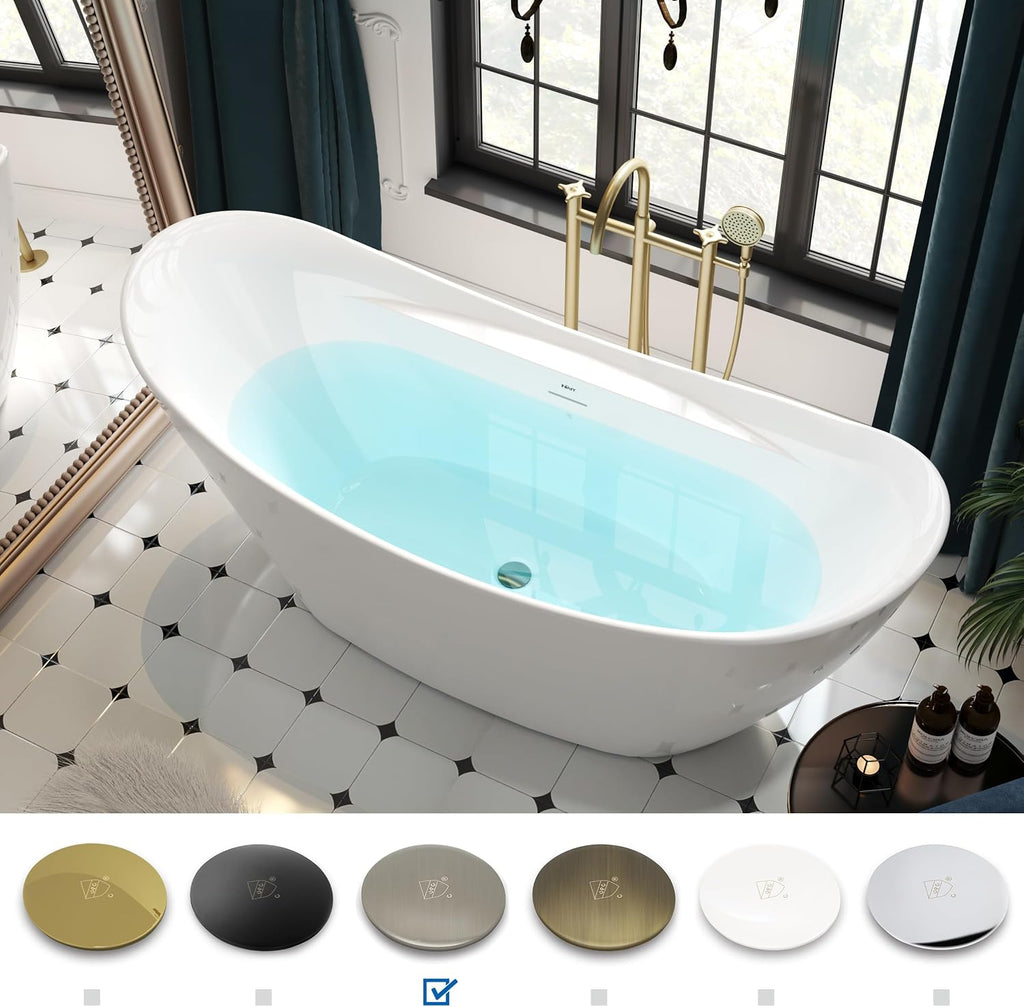 FerdY Boracay 67' Acrylic Freestanding Bathtub, Gracefully Shaped Contemporary Design Bathtub with Brushed Nickel Drain, Integrated Slotted Overflow, Glossy White, cUPC Certified, 02503