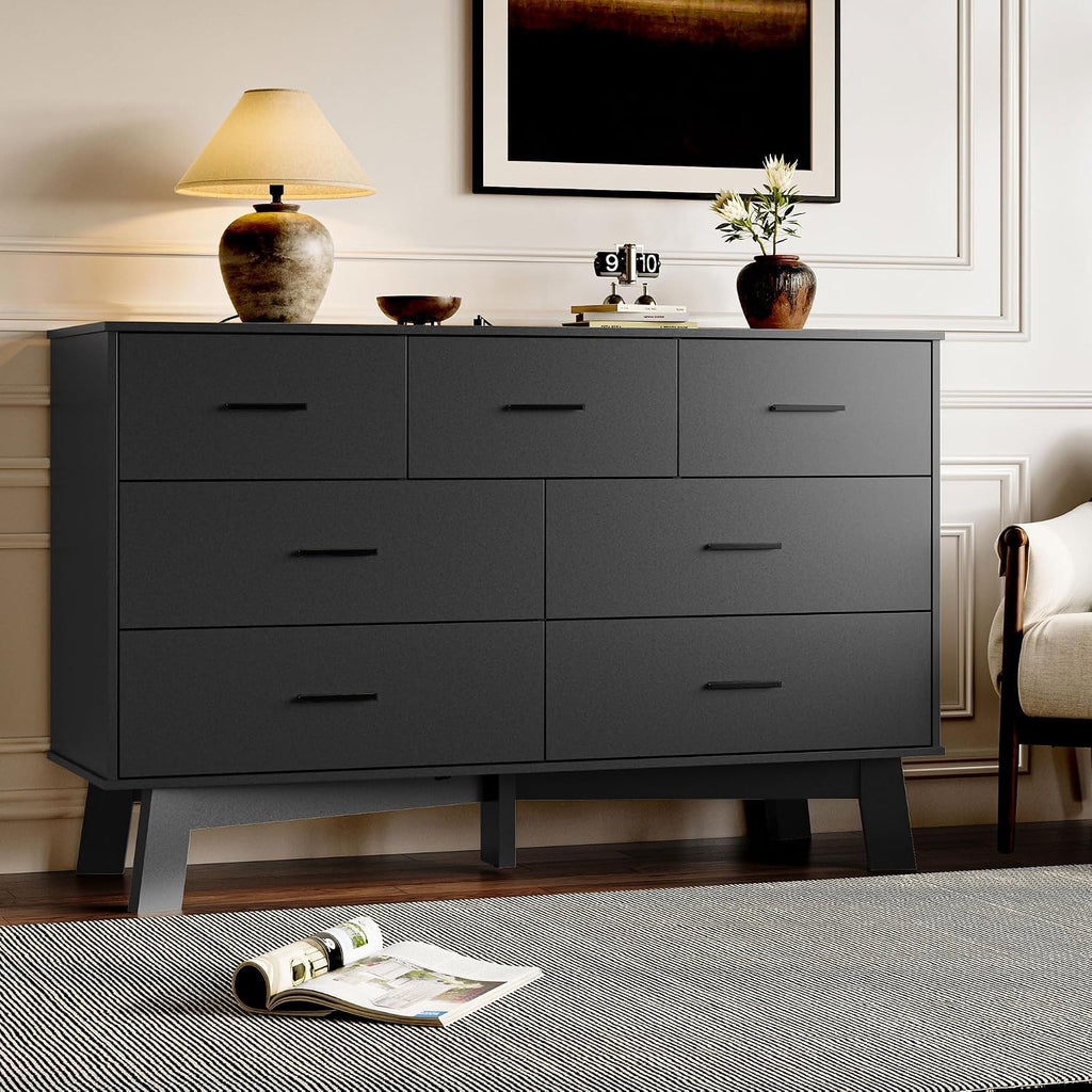 BORNOON Dresser for Bedroom with 7-Drawer, 47.2' Wide Modern Chest of Drawers with Metal Handles, X-Shape Base & Adjustable Center Leg, Anti-Tip Closet Organizers and Storage