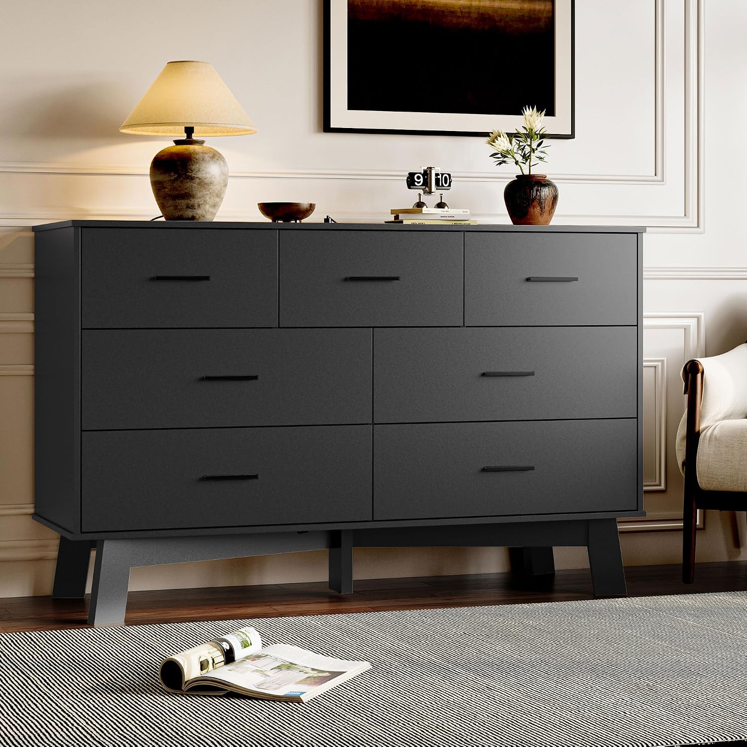 BORNOON Dresser for Bedroom with 7-Drawer, 47.2' Wide Modern Chest of Drawers with Metal Handles, X-Shape Base & Adjustable Center Leg, Anti-Tip Closet Organizers and Storage