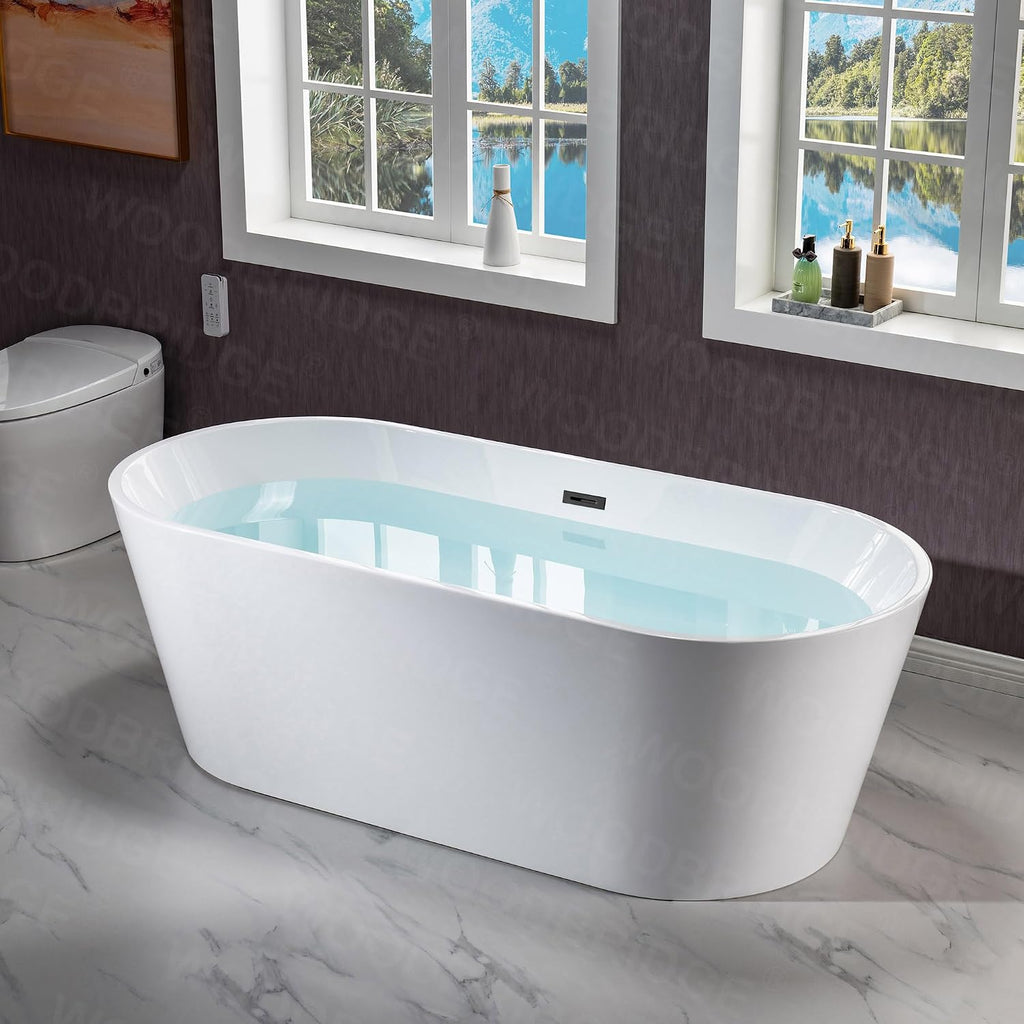 WOODBRIDGE 71' Acrylic Freestanding Bathtub Contemporary Soaking White Tub with Matte Black Overflow and Drain,White,B1701 MB