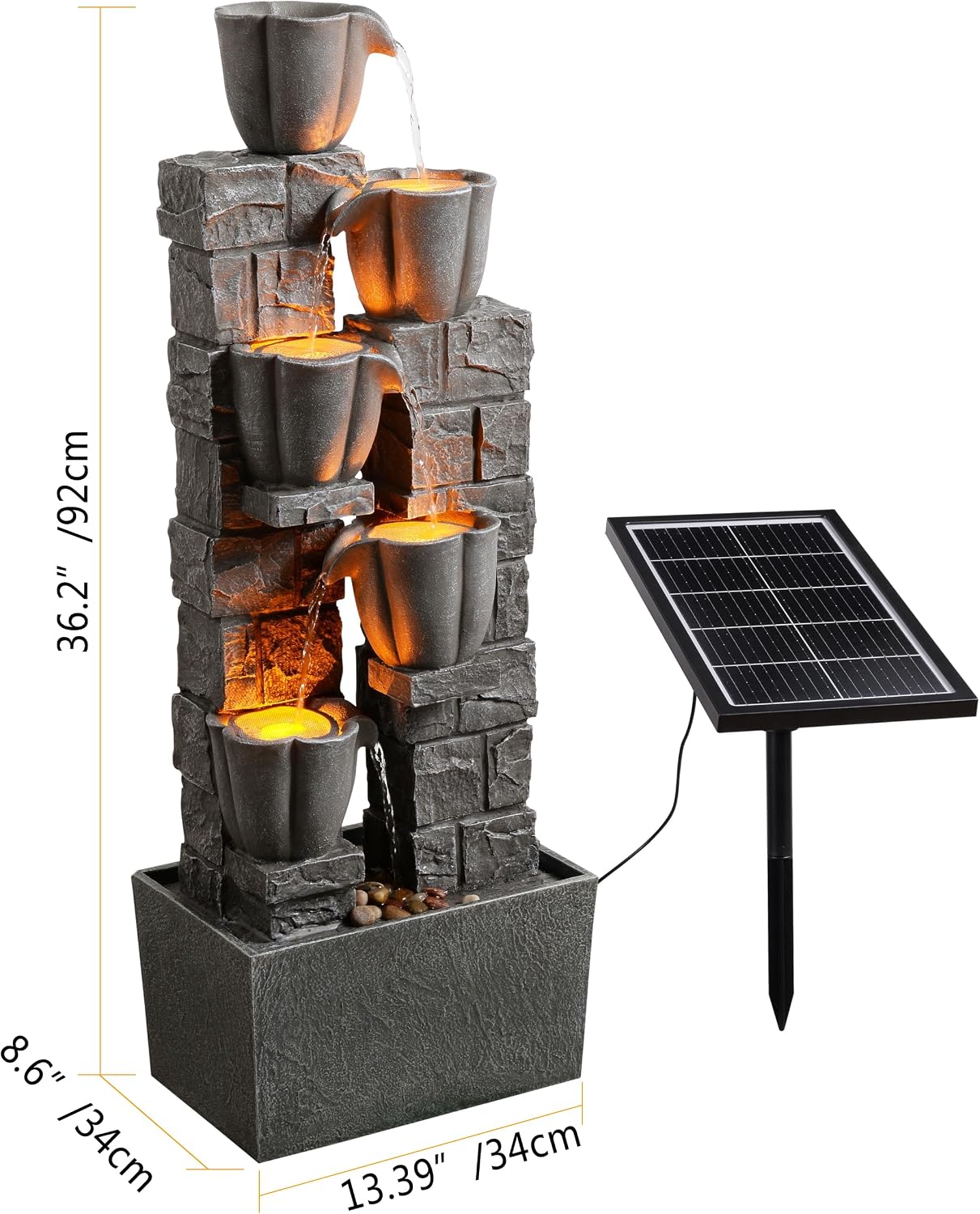 Cheng Pin Solar Powered Water Fountain Outdoor, 38.2 Inch Tall 4 Tiers Tulip Waterfall Fountain with LED Lights, Grey Decorative Natural Water Feature Ornament for Garden, Patio, Lawn Yard Landscape