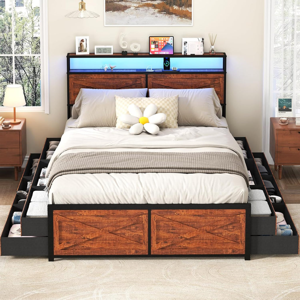 Kiivakii Queen Size Bed Frame with 12 Storage Drawers, LED Headboard with Charging Station, Metal Platform Bed Frame, No Box Spring Needed, Noise-Free, Stable and Solid, Brown