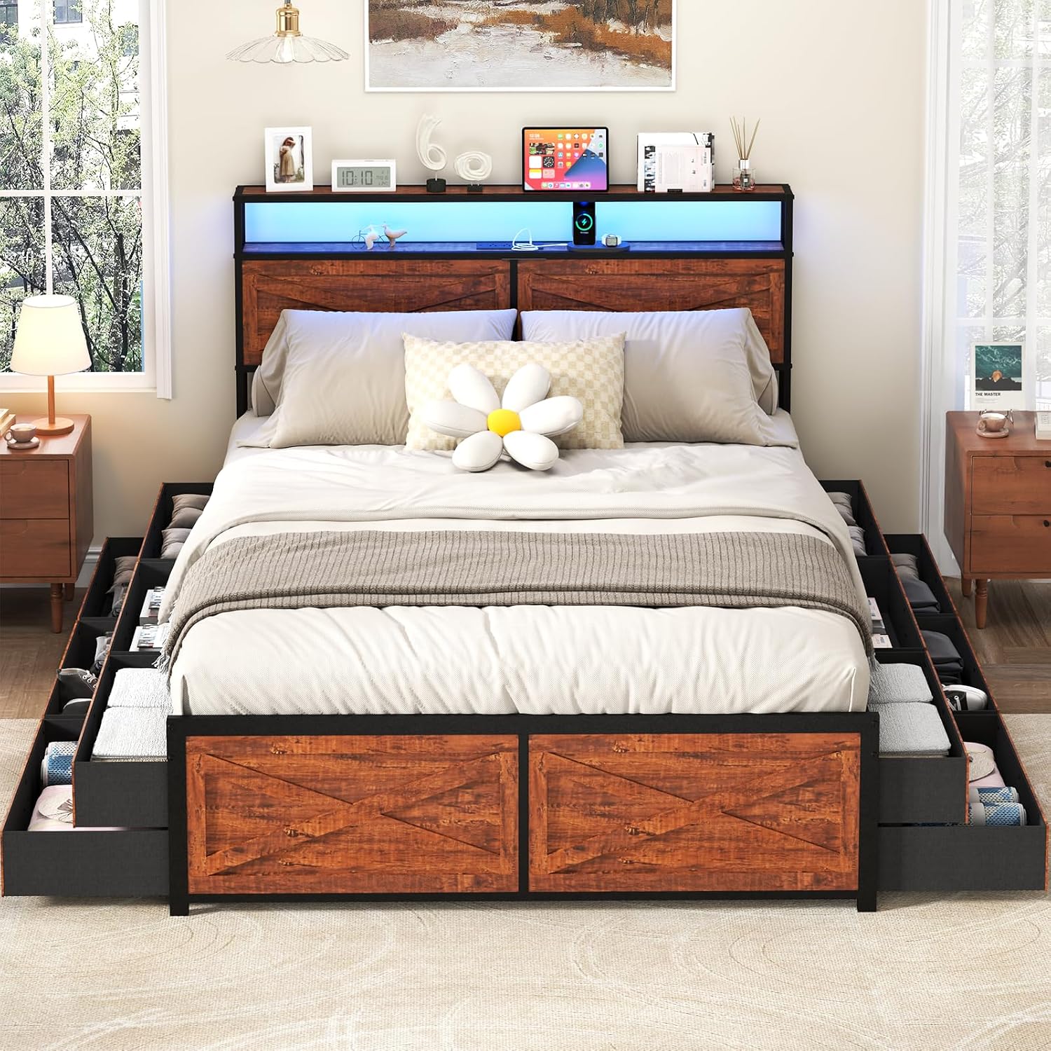 Kiivakii Queen Size Bed Frame with 12 Storage Drawers, LED Headboard with Charging Station, Metal Platform Bed Frame, No Box Spring Needed, Noise-Free, Stable and Solid, Brown