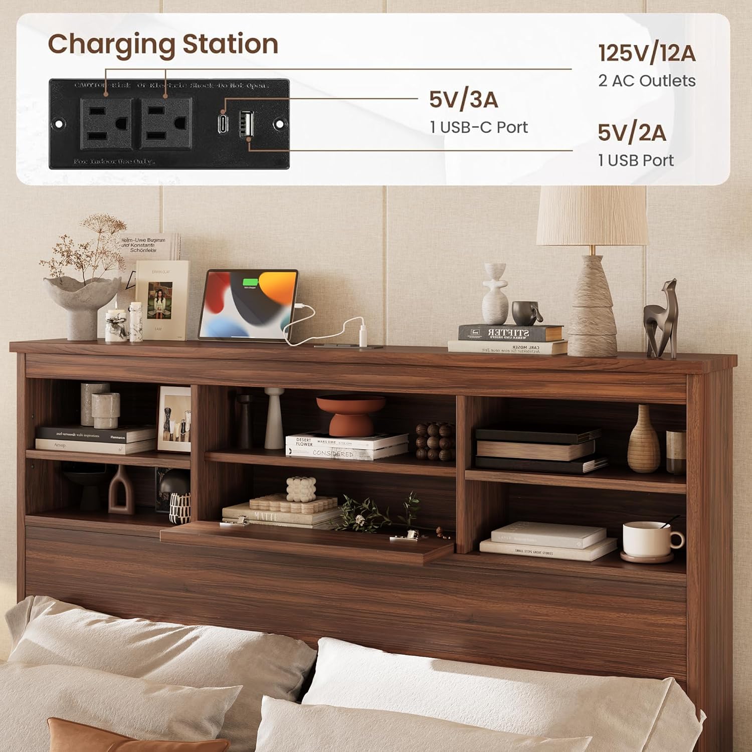 4PCS Bedroom Sets, Wooden Queen Size Bed Frame with Storage Headboard and Charging Station, 2 Nightstands with 2 Drawers,1 Dresser with 5 Drawers,Noiseless, No Box Spring Needed (Walnut-JU3)