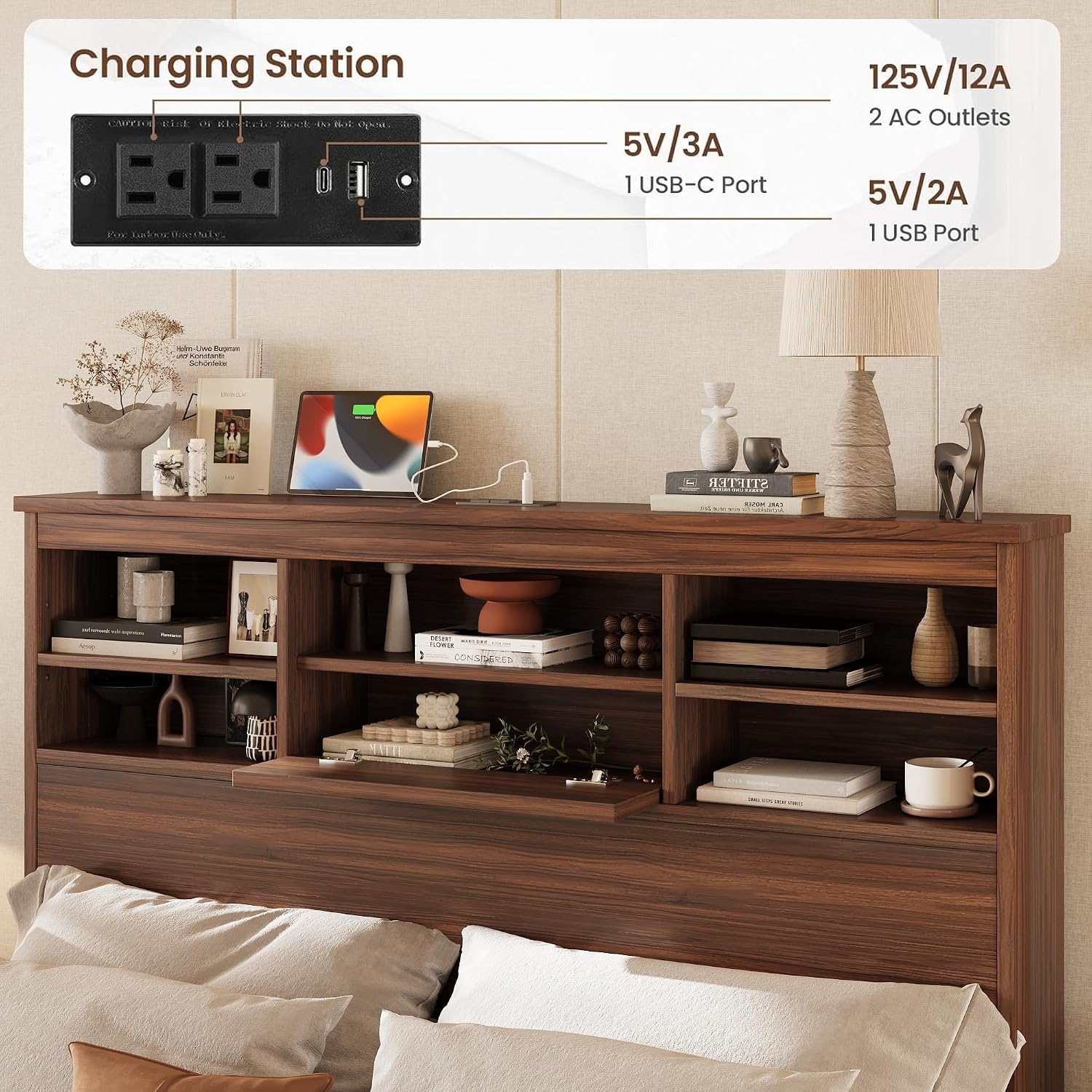 4PCS Bedroom Sets, Wooden Queen Size Bed Frame with Storage Headboard and Charging Station, 2 Nightstands with 2 Drawers, 1 Dresser with 5 Drawers, Walnut