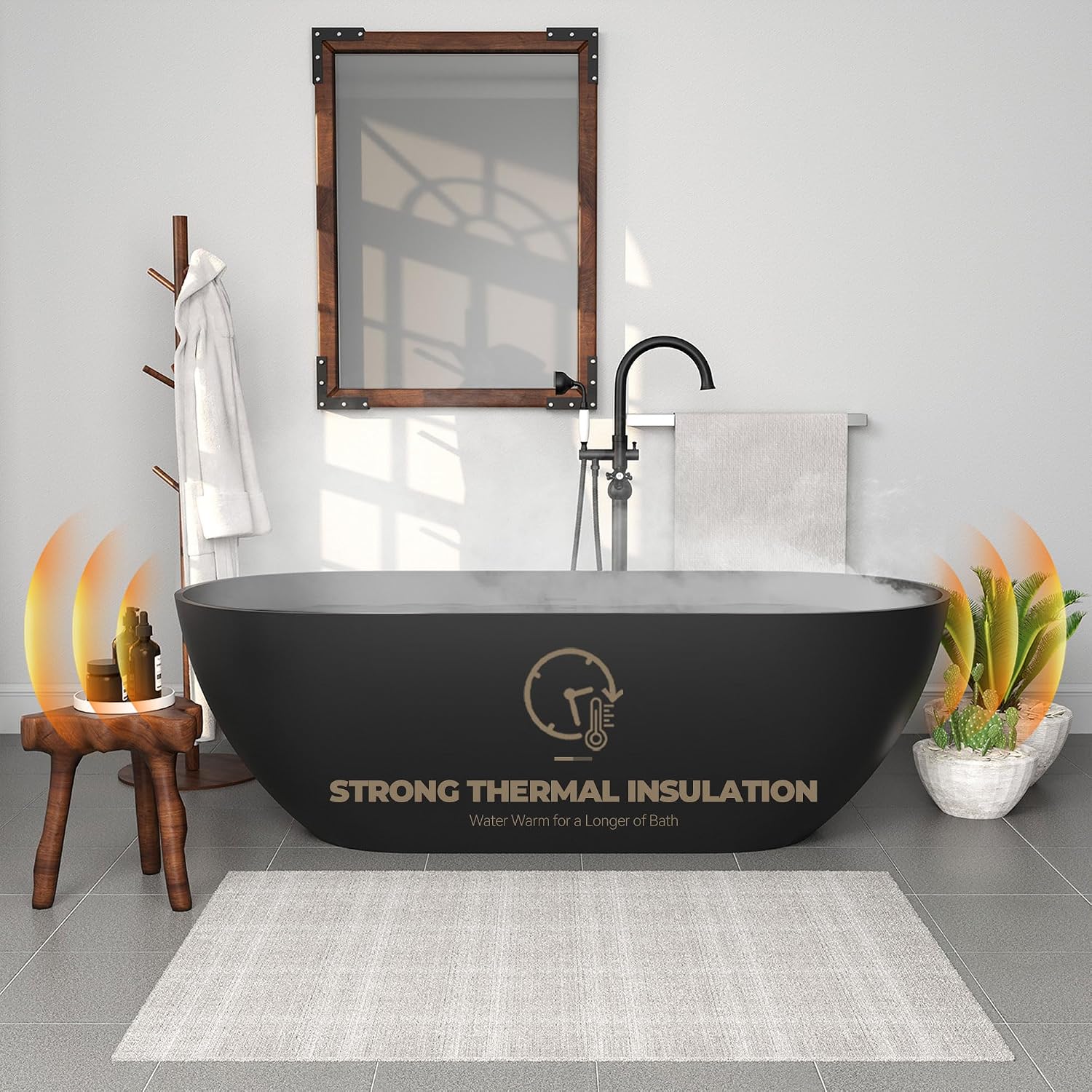 CASAINC 59' Free Standing Tub, Oval-Shaped Stone Resin Freestanding Bathtub Matte Black Solid Surface Soaking Tub with Drain, Drain Hose & Sanding Paper