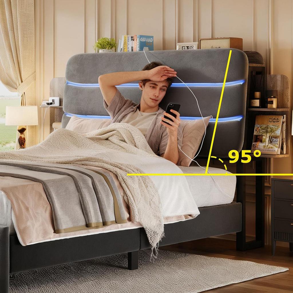 Ailisite Twin Size Bed Frame with Drawer and Ergonomic Storage Headboard,Slide Out Headboard Storage,Twin Bed with Charging Station & LED Lights,Wood Slats Support, No Box Spring Needed,Grey