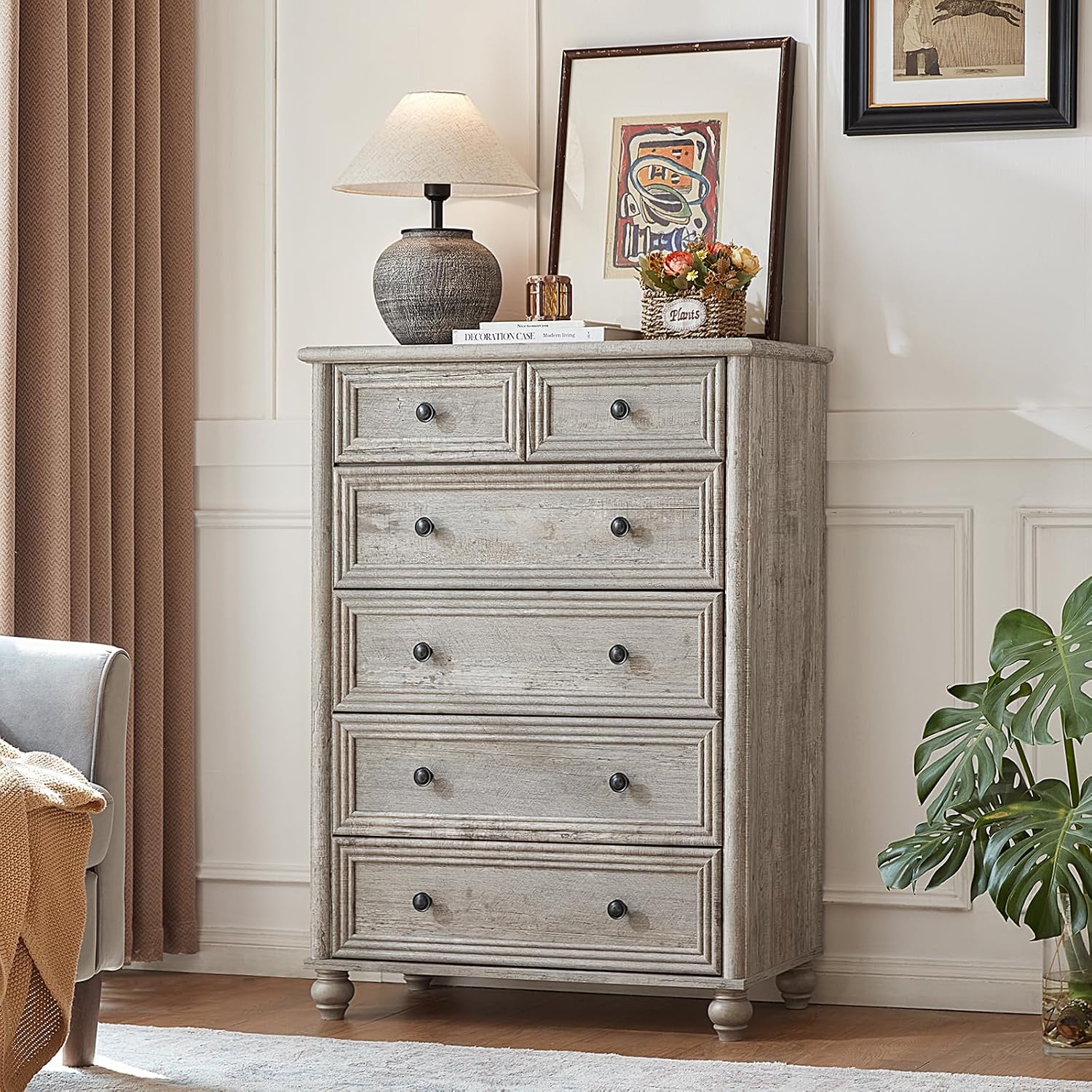 RWYHG Farmhouse 6 Drawer Dresser Set of 2, Chest of Drawers for Bedroom, 43.5' Tall Grey Dresser with Roman Column, Rustic Wood Storage Dressers Organizer for Living Room, Hallway, Closet