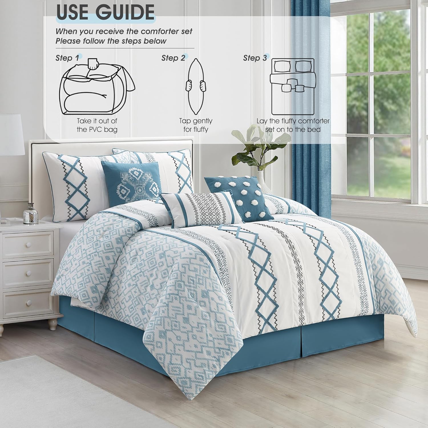 LANCO MODERN LIFESTYLE Blue Queen Comforter Set, 7 Pieces All Season Bedding Sets in a Bag with Geometric Terry Embroidered Comforter, Bed Skirt, Pillow Shams and Decorative Pillows