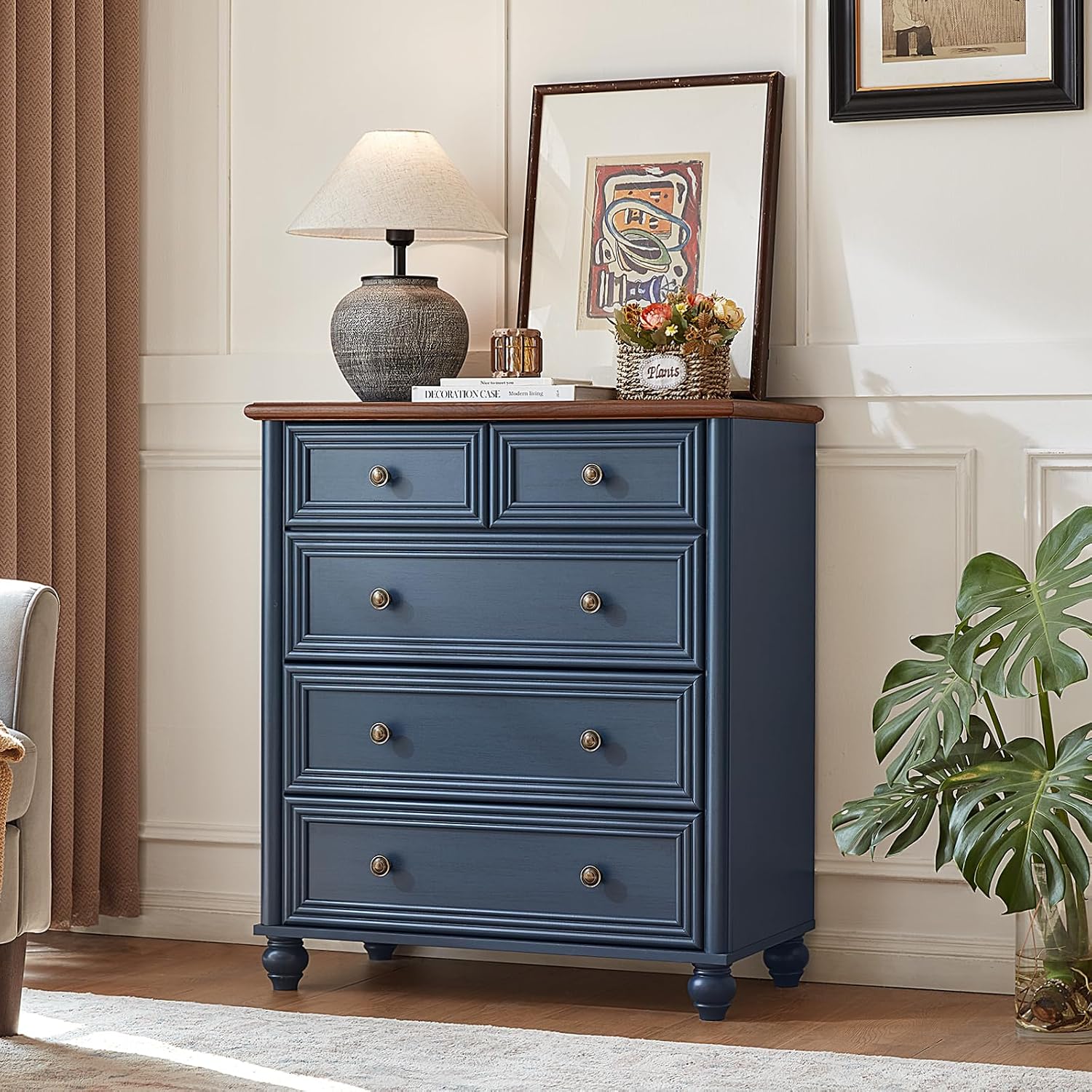 RWYHG Farmhouse 5 Drawer Dresser for Bedroom Set of 2, 35.5' Tall Small Dressers & Chest of Drawers, Rustic Wood Dresser with Roman Column, Storage Organizer for Living Room, Hallway, Closet (Blue)