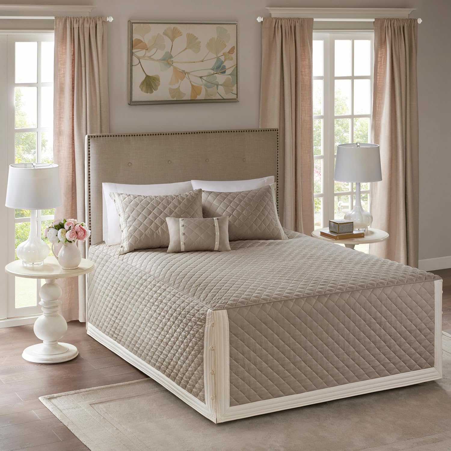 Madison Park Breanna 100% Cotton Fitted Bedspread Classic Traditional Design All Season, Lightweight, Bedding Set, Matching Shams, Queen(60' x80+24D), Diamond Quilted Khaki 4 Piece