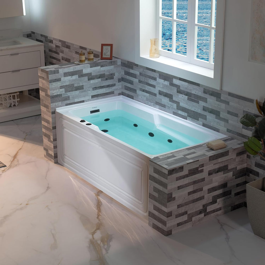 WOODBRIDGE 60' Alcove Acrylic Rectangular Whirlpool Heated Jetted Tub in White with Left Drain, Matte Black pop-up Drain Included BM6030L