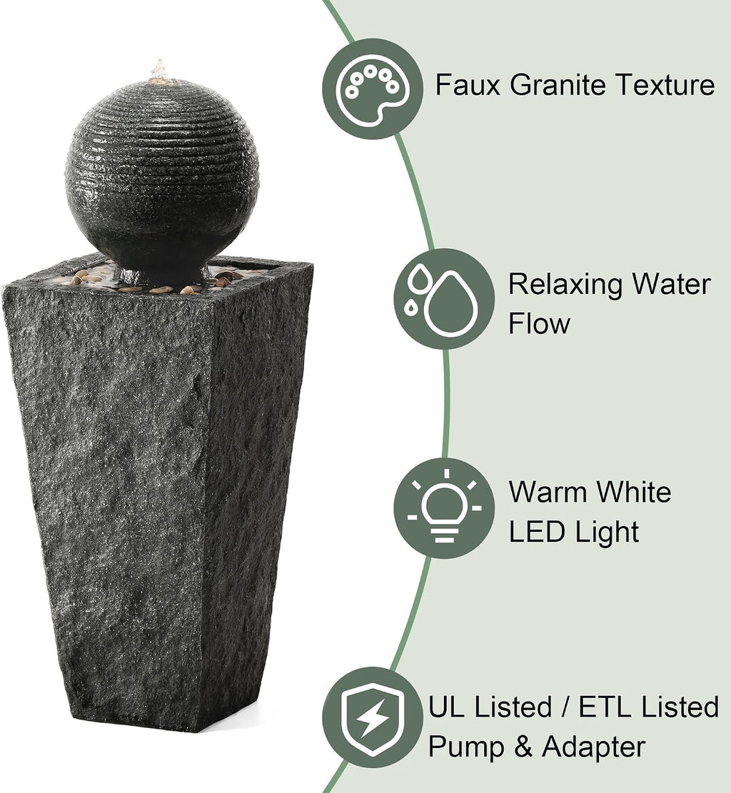 Glitzhome Outdoor Water Fountain with LED Light, Decorative Sphere Pedestal Outdoor Fountain with Submersible Pump, Vintage Waterfall Fountains for Garden Patio Deck Porch, 31.69'H