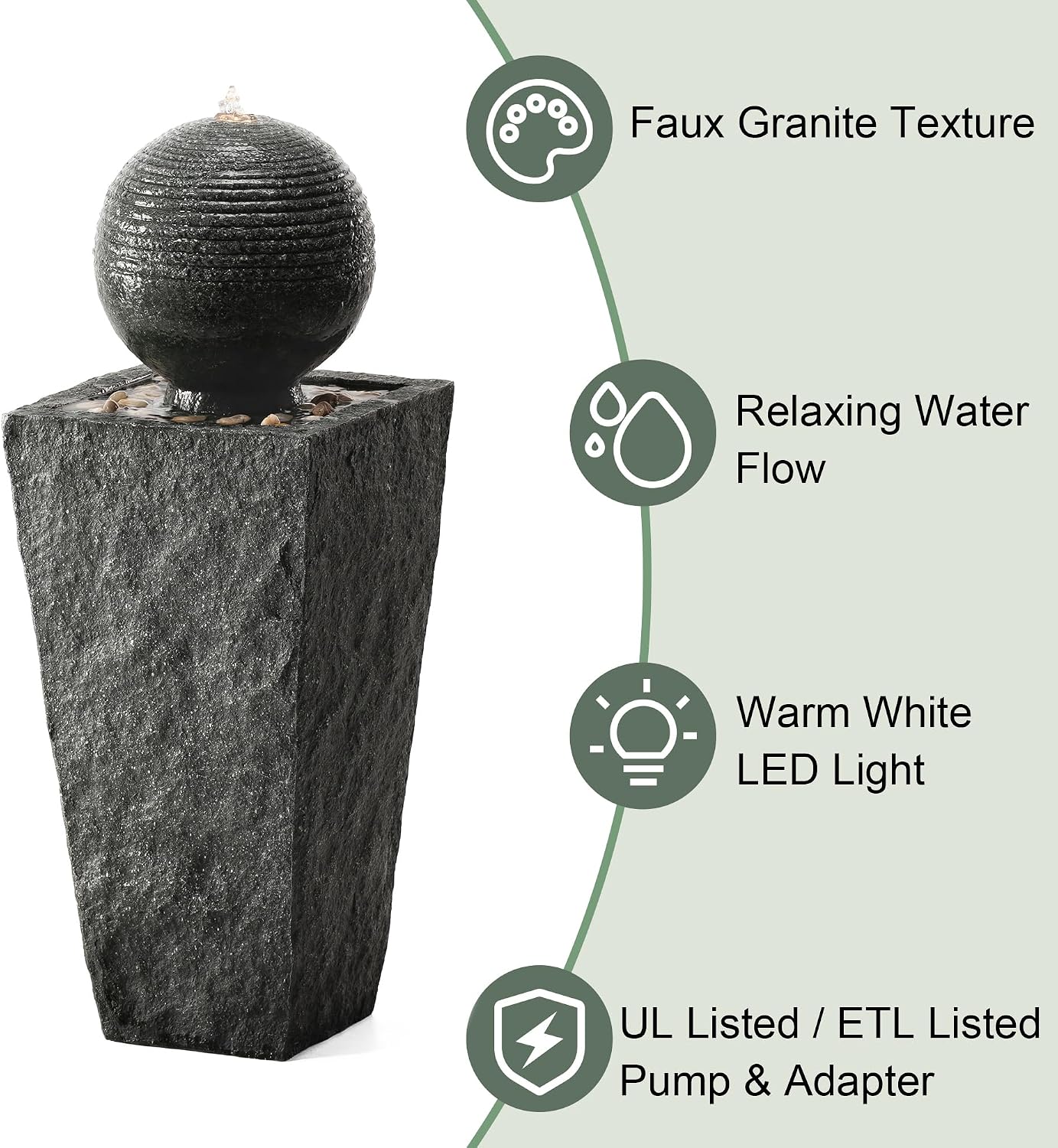 Glitzhome Outdoor Water Fountain with LED Light, Decorative Sphere Pedestal Outdoor Fountain with Submersible Pump, Vintage Waterfall Fountains for Garden Patio Deck Porch, 31.69'H