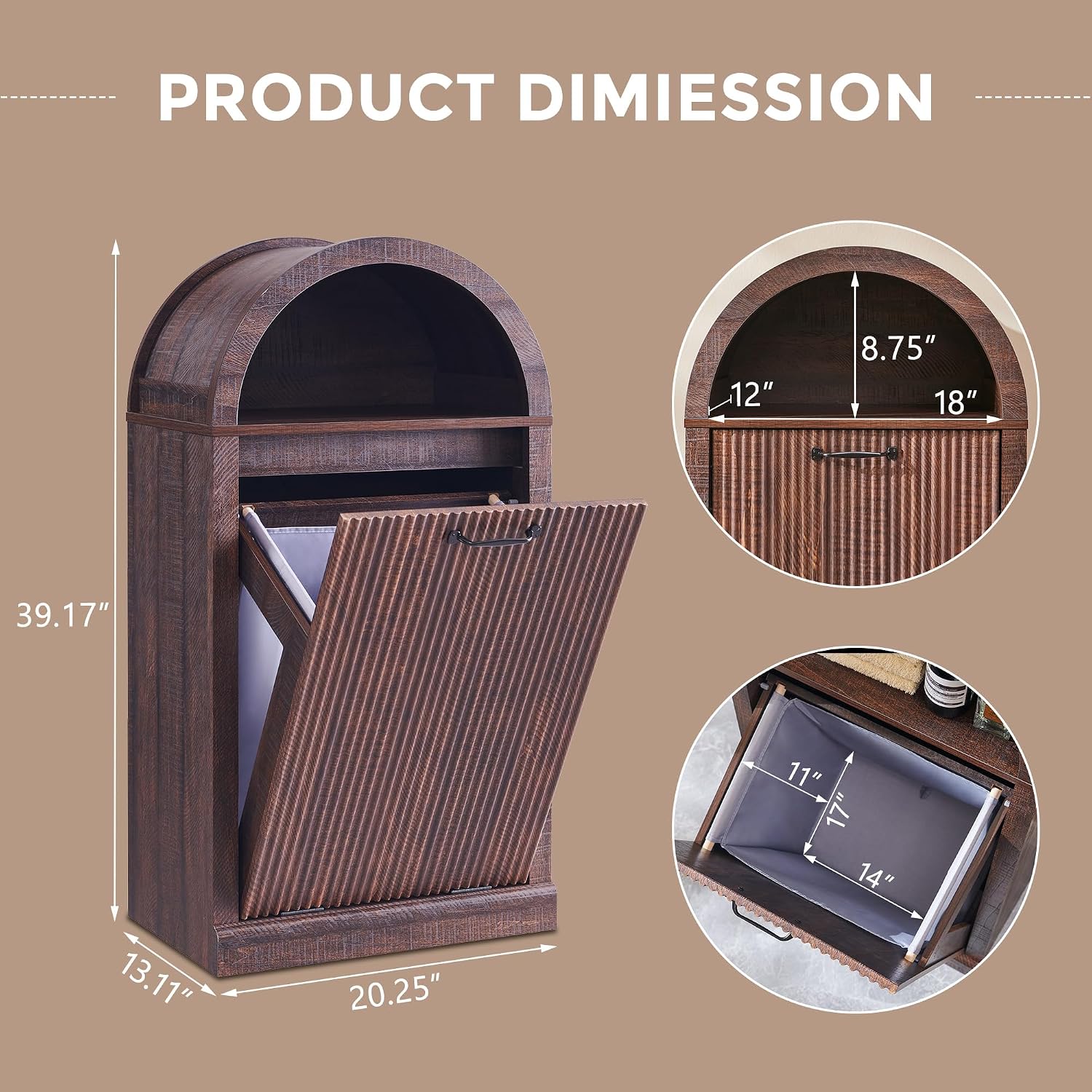 IFGET Arched Tilt-Out Trash Can Cabinet, Fluted 10 Gallon Trash Can Cabinet Set of 2, Modern Laundry Hamper, Hidden Garbage with Storage Basket for Kitchen, Living Room, Brown