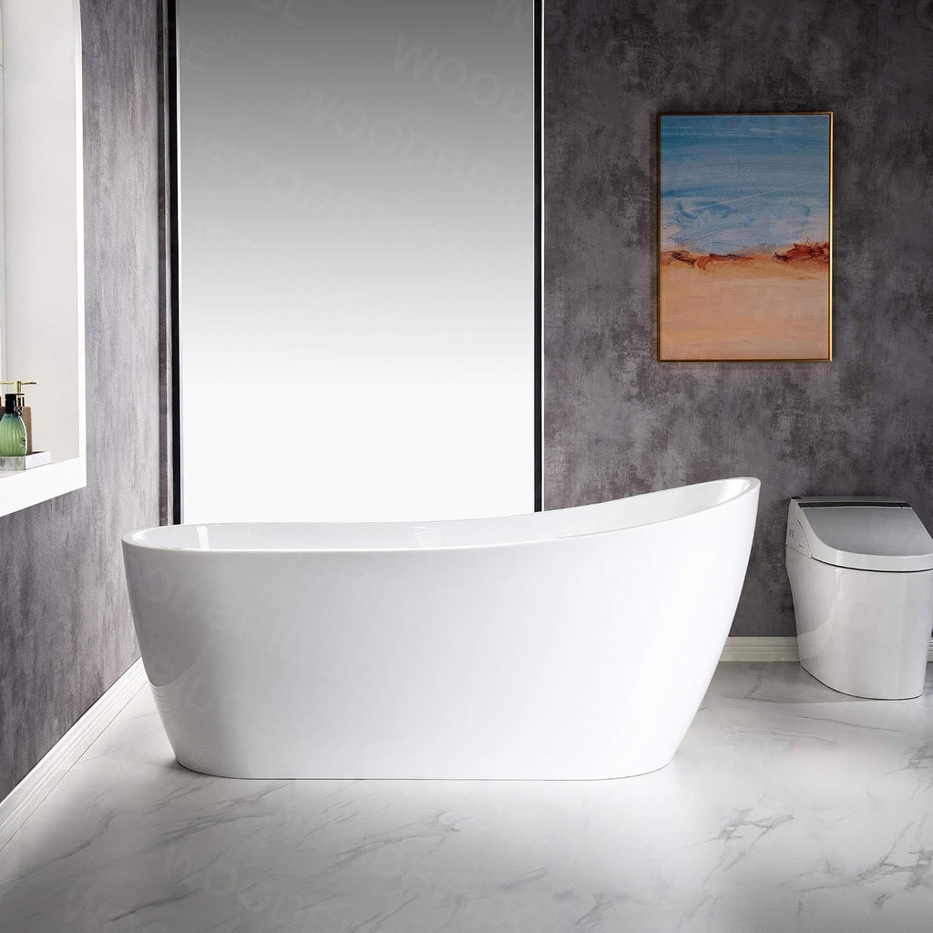 WOODBRIDGE 67'Freestanding White Acylic Soaking Bathtub with Brushed Nickel Drain and Overflow,BTA1508 -B/N-Drain &O