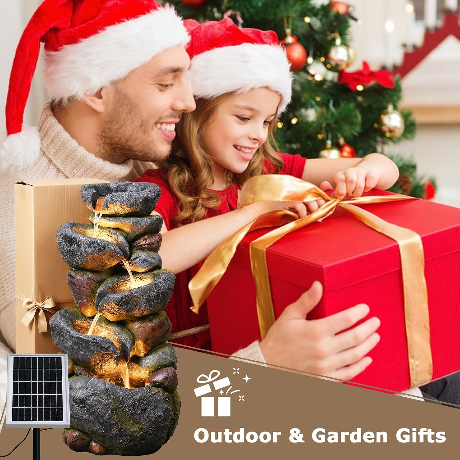 5-Tier Rock Solar Water Fountain Outdoor Garden, 36.2''Tall Cascading Natural Solar Powered Fountain Outdoor with LED Lights, Water Feature for Garden, Patio, Deck, Backyard Decor