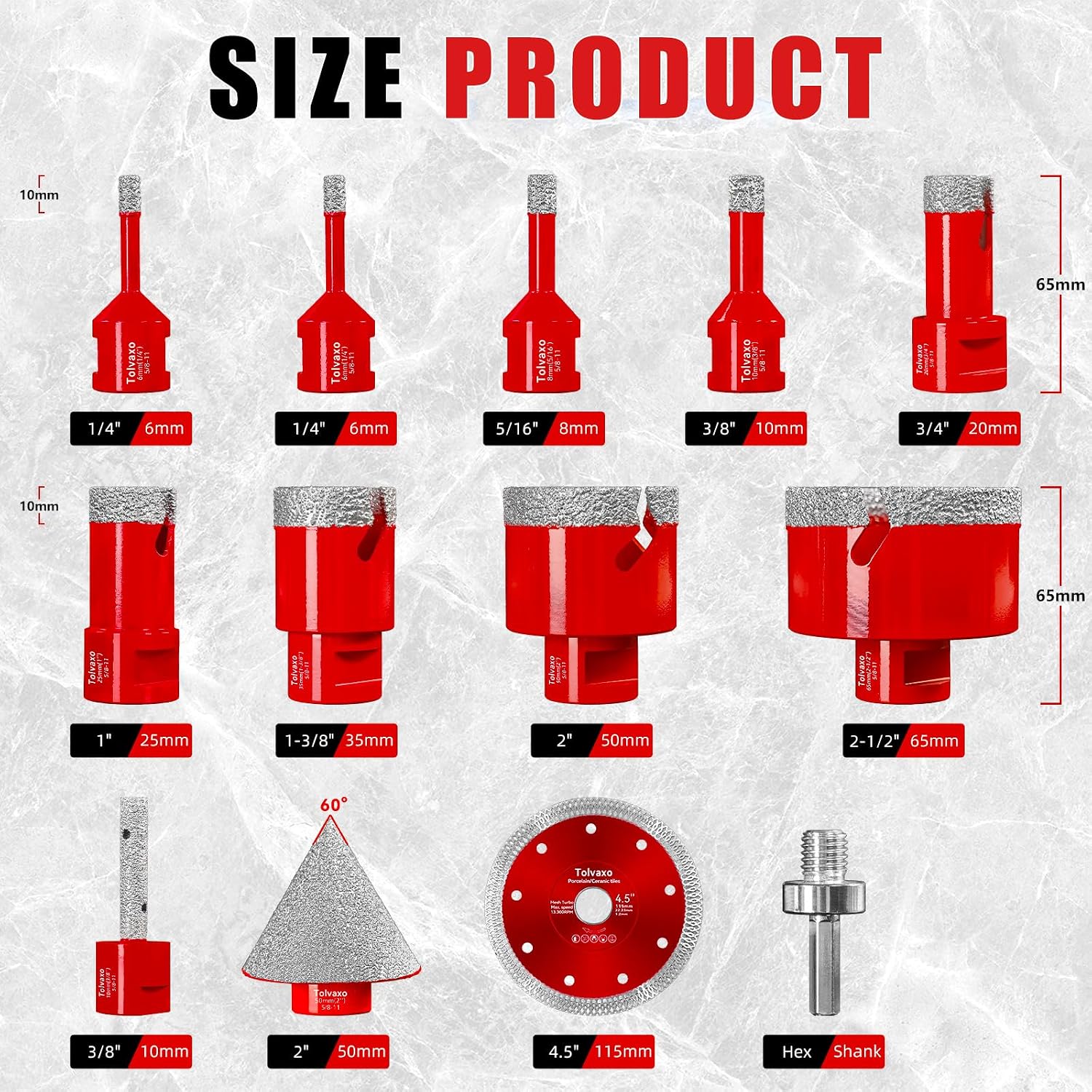 Tile Hole Saw Kit, Tolvaxo 13Pcs Brazing Diamond Hole Saw Kit for Porcelain Tile, Granite, Marble, Ceramic and More Drilling