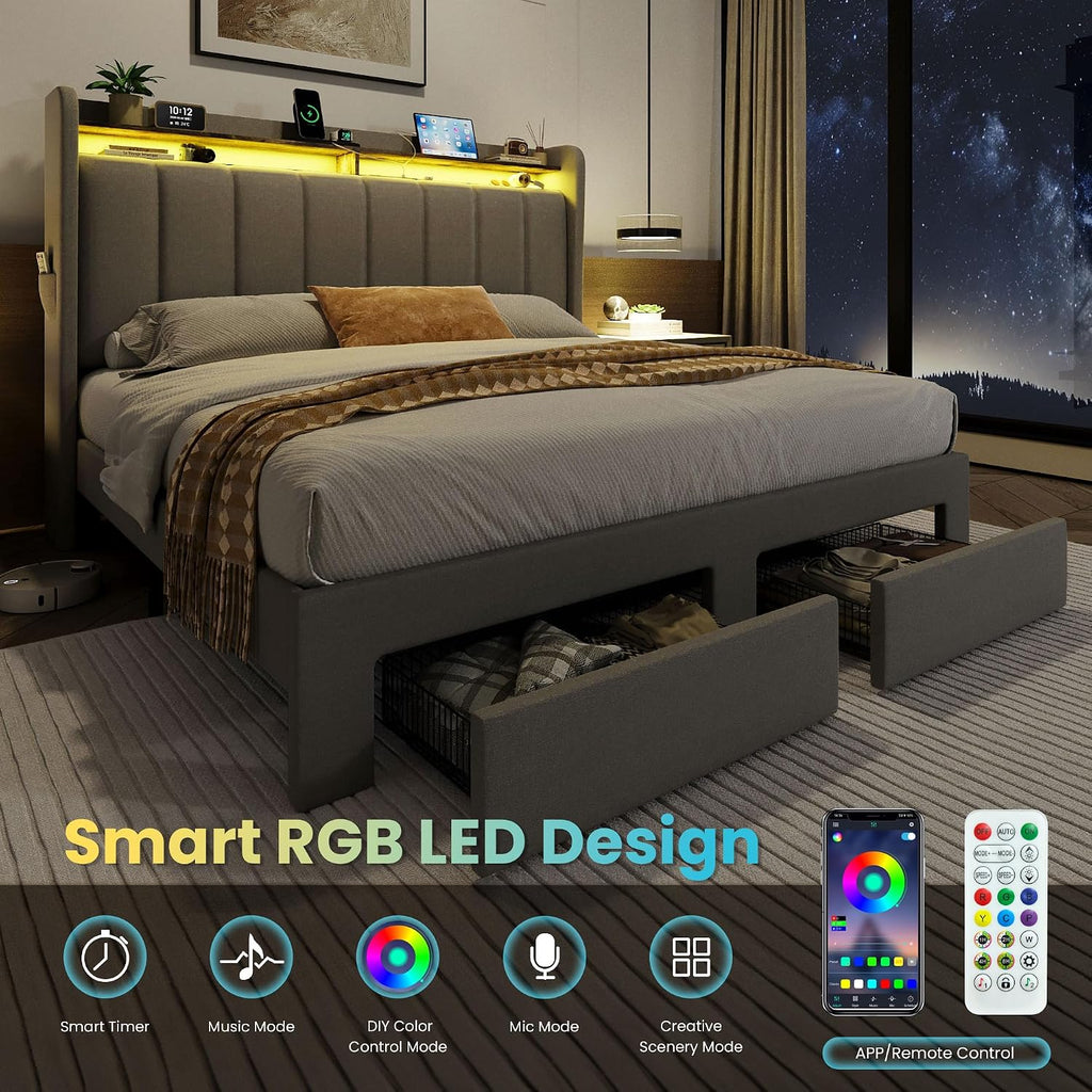 SHA CERLIN Queen Platform Bed Frame with Vertical Channel Tufted Wingback Headboard & 2 Storage Drawers/2-Tier Shelves with LED Lights & Charging Station/Noise-Free/No Box Spring Needed/Dark Grey