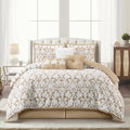 Stratford Park Floral Leaves Comforter Set, Khaki California King Size Bedding, 7 Piece Jacquard Bedding Set, All Season, Matching Pillows, Shams, Bed Skirt