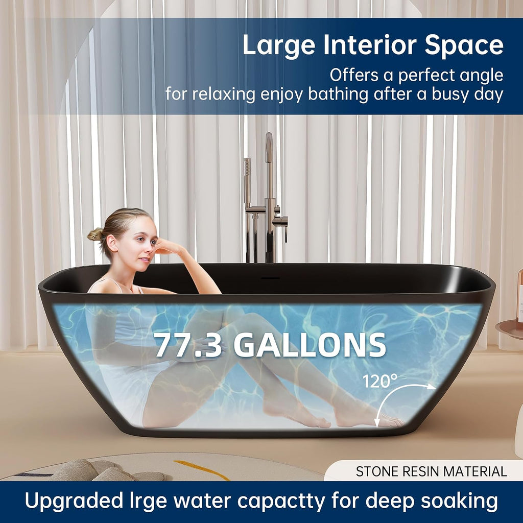 67'' Black Bathtub,Stone Resin Solid Surface Freestanding Bathtub, Modern Elegant Design Soaking Stand Alone Tub, Matte Black, Drain and Overflow Included