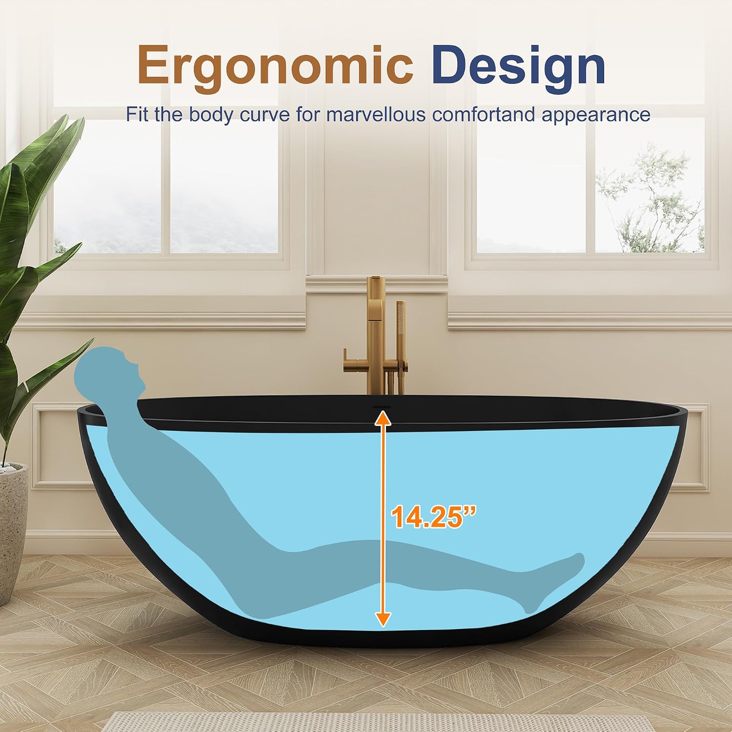 SJ STAR&JANE 61' Solid Surface Freestanding Bathtub, Matte Black Oval Soaking Stone Resin Tub with Overflow and Pop-up Drain for Modern Bathrooms