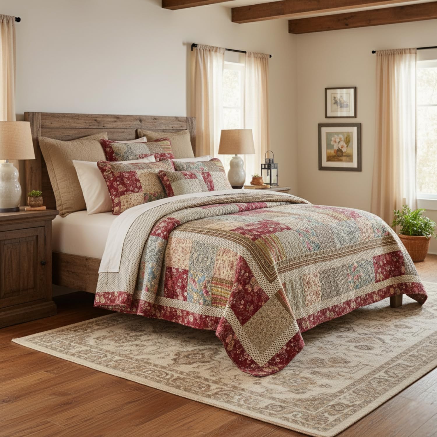 Tache Cotton Patchwork Country Farm Cottage Vintage Antique Ditsy Floral Paisley Burgundy Beige Lightweight Coverlet Fairy Tale Tea Party Quilt Set, Queen