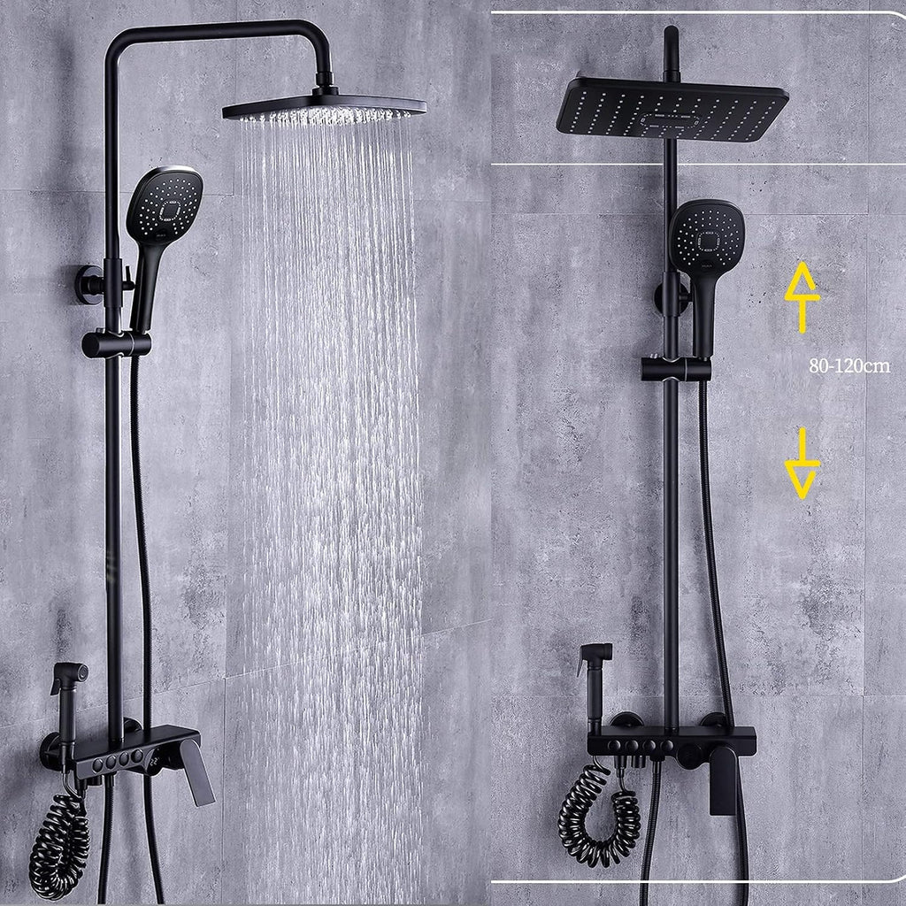 Rain Shower System Complete for Bathroom, Wall Mount Adjustable Shower Faucets Sets with Bath Filler and Bidet Faucets, Rainfall Shower Head and 3 Function Handheld Shower (Color : Black)