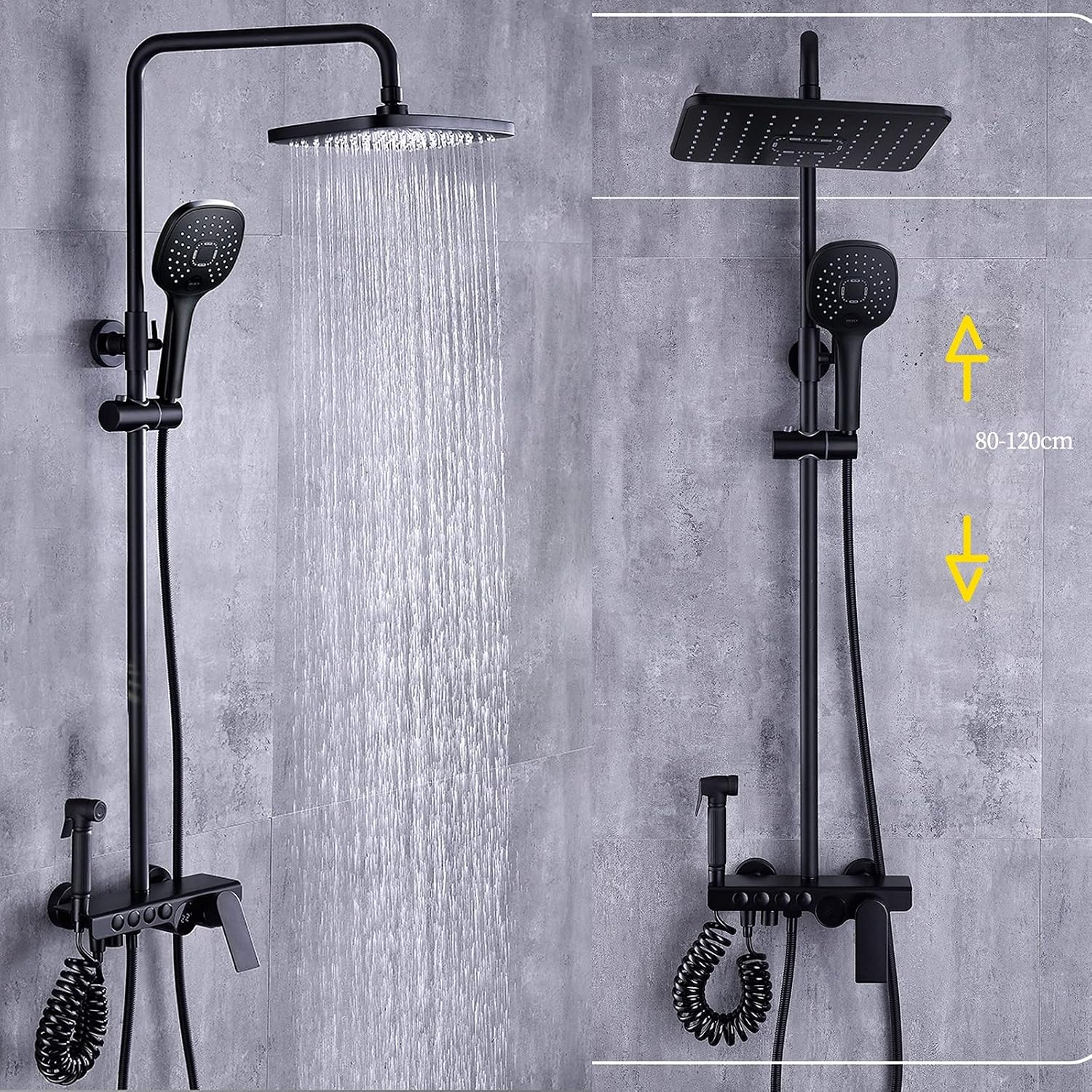 Rain Shower System Complete for Bathroom, Wall Mount Adjustable Shower Faucets Sets with Bath Filler and Bidet Faucets, Rainfall Shower Head and 3 Function Handheld Shower (Color : Black)
