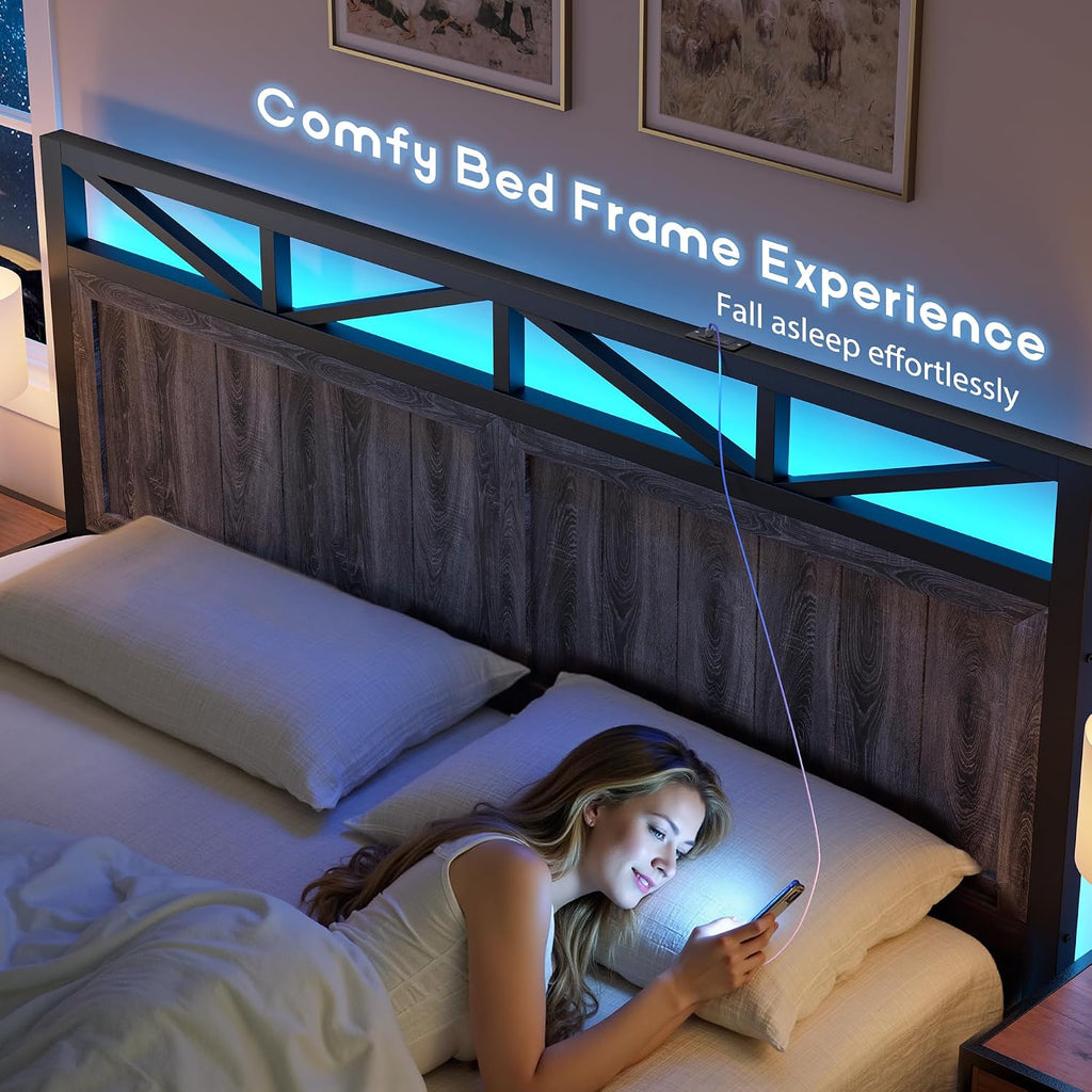 EnHomee King Size Bed Frame with 2 Storage Drawers, King Bed Frame with Wooden Headboard and Strong Metal Support,LED Lights and Charging Station,Farmhouse,NO Noise,No Box Spring Needed,Grey