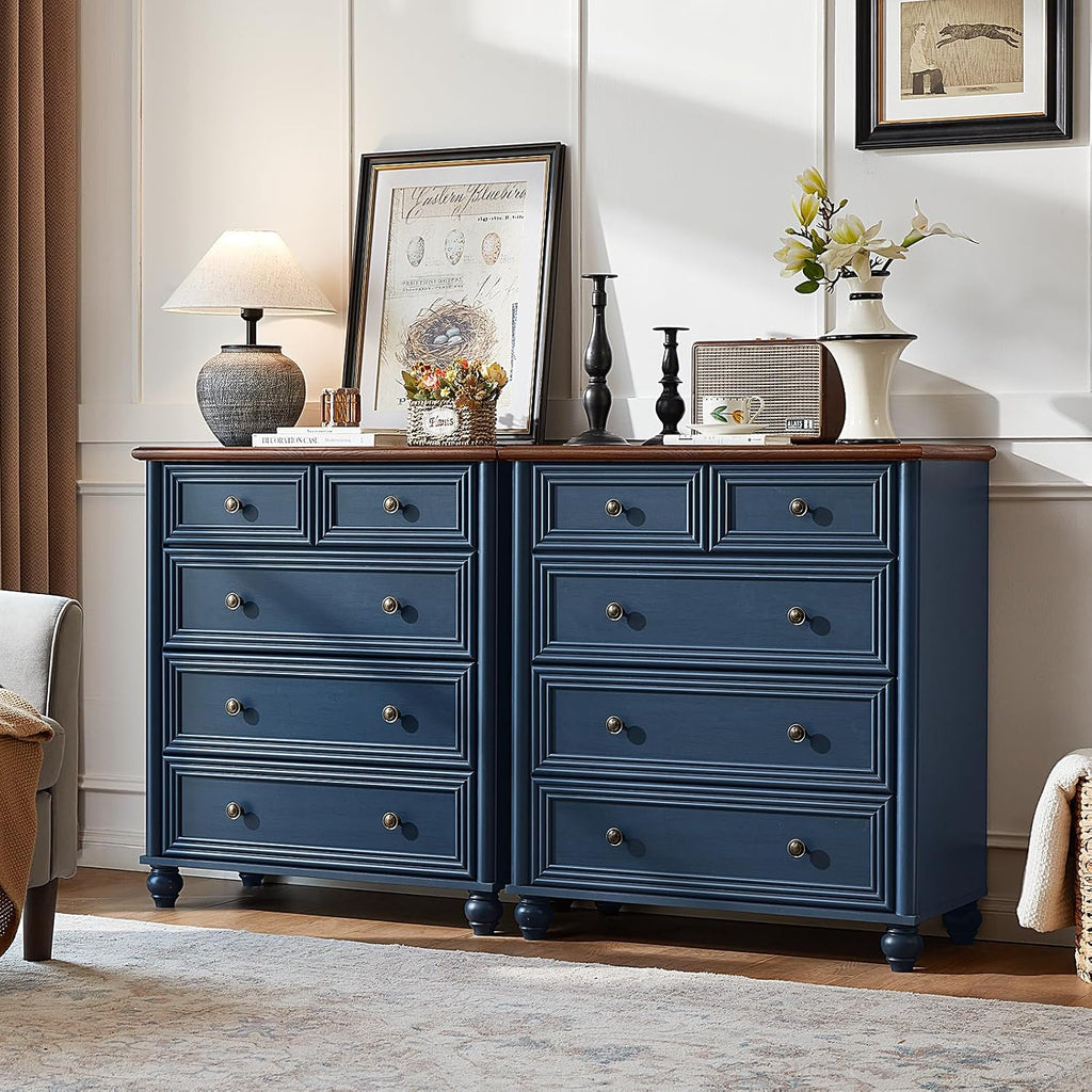 RWYHG Farmhouse 5 Drawer Dresser for Bedroom Set of 2, 35.5' Tall Small Dressers & Chest of Drawers, Rustic Wood Dresser with Roman Column, Storage Organizer for Living Room, Hallway, Closet (Blue)