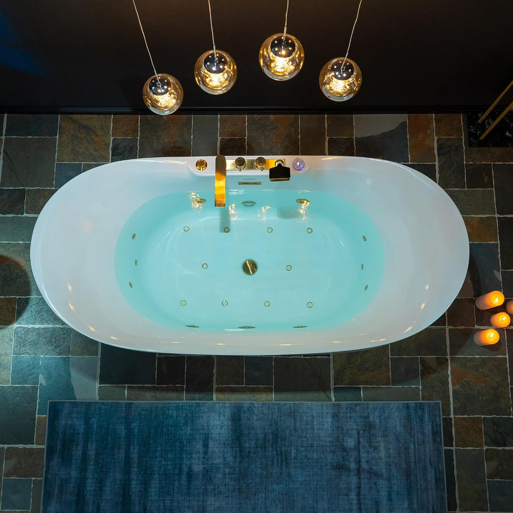 WOODBRIDGE 72' x 35-3/8' Whirlpool and Air Bath Heated Soaking Combination Tub with Adjustable Speed Air Blower and Display Control Panel, Brushed Gold Finish Trim and Drain Kit, BG400+F0045BG