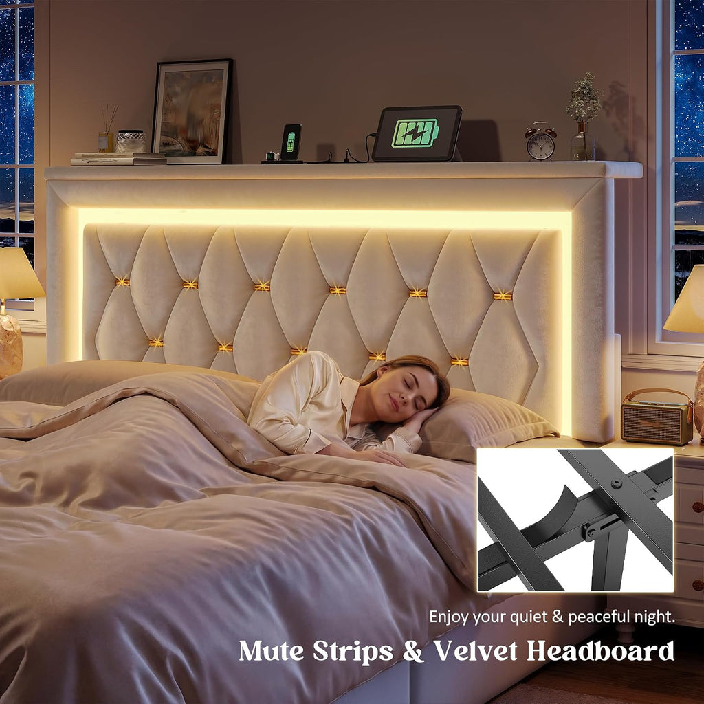 Homkdom Full Bed Frame with 4 Storage Drawers & Adjustable Tall Headboard,Soft Velvet Bed Frame Full with Smart LED Lights & Charging Station,1100LB-Heavy Duty Metal Support, Modern,Beige