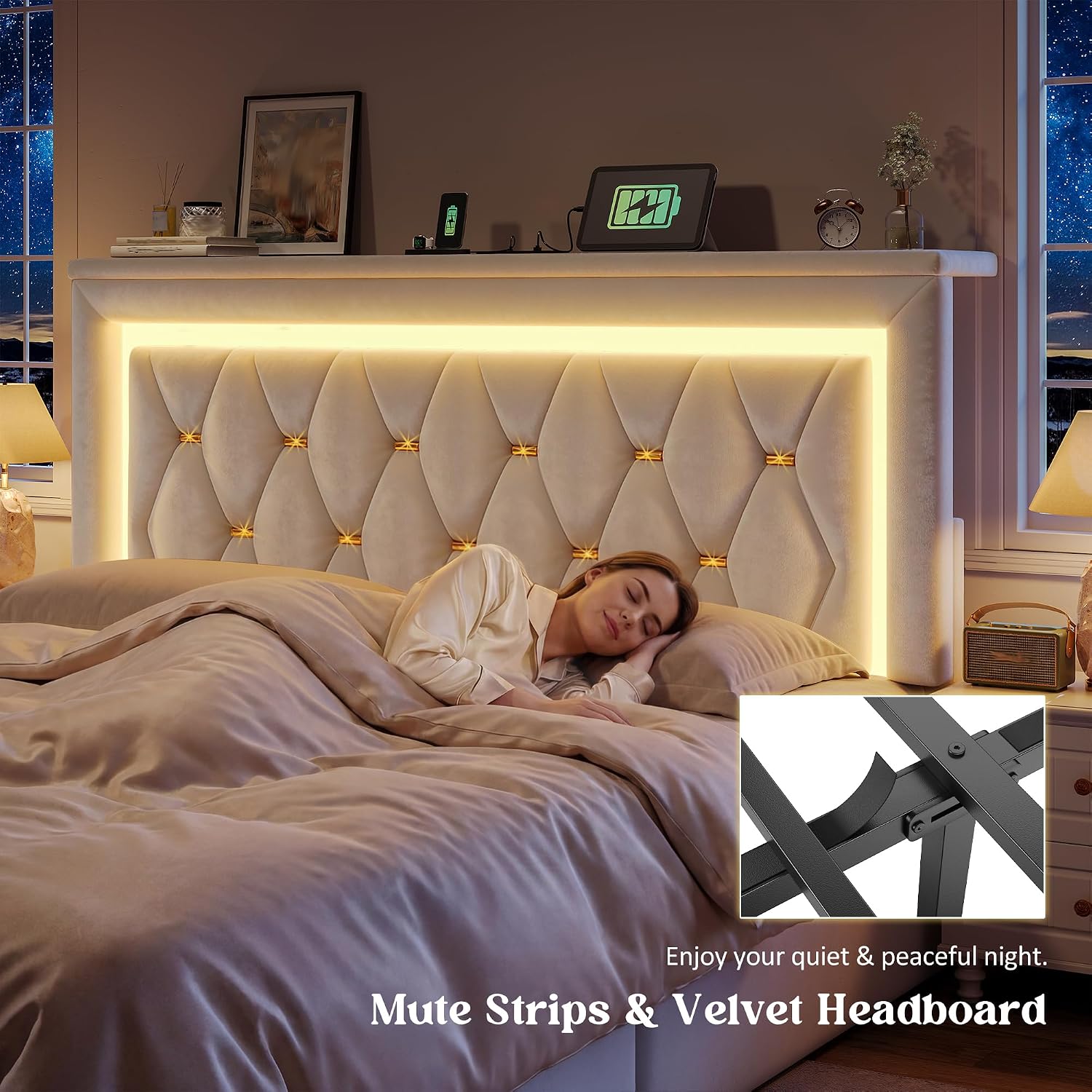 Homkdom Full Bed Frame with 4 Storage Drawers & Adjustable Tall Headboard,Soft Velvet Bed Frame Full with Smart LED Lights & Charging Station,1100LB-Heavy Duty Metal Support, Modern,Beige