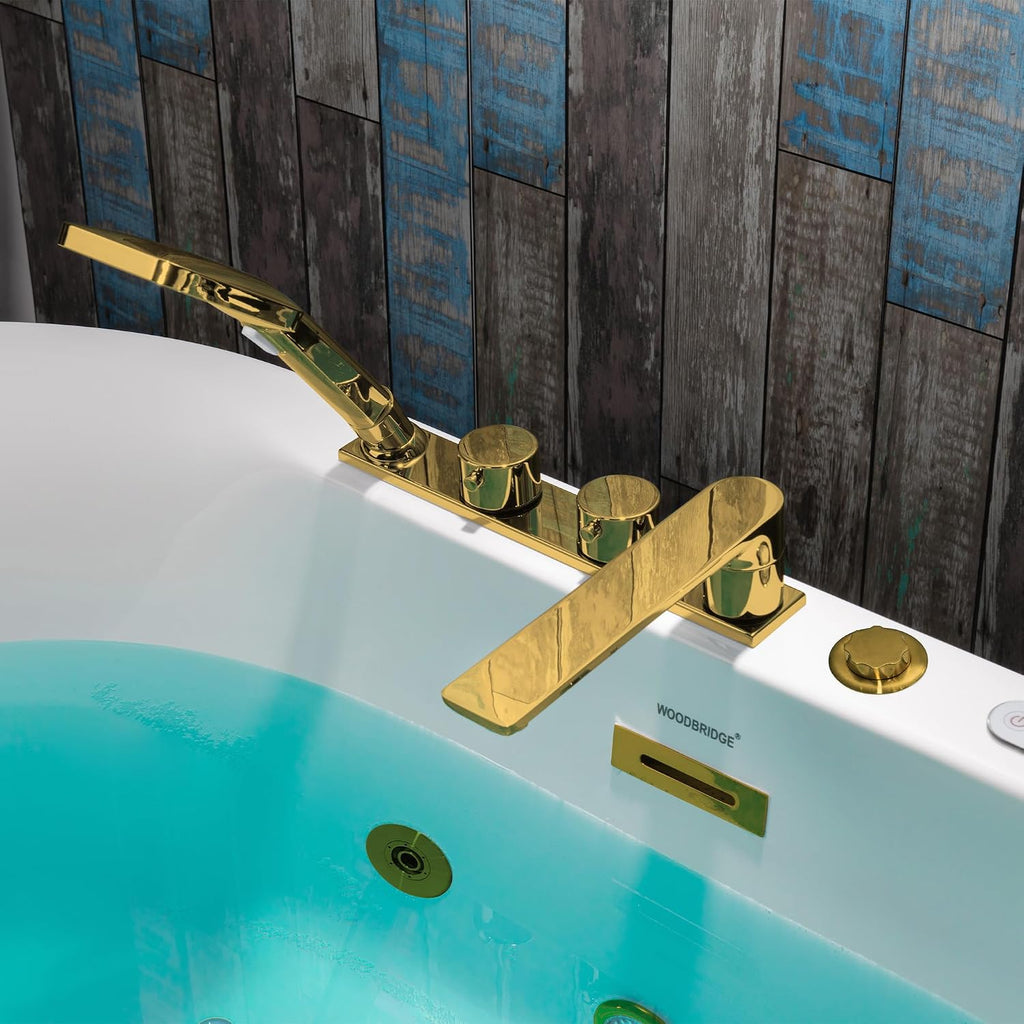 WOODBRIDGE 59' x 31-1/2' Whirlpool and Air Bath Heated Soaking Combination Tub with Adjustable Speed Air Blower, Faucet and Display Control Panel, Brushed Gold Finish Trim and Drain Kit,BG100+F0045BG